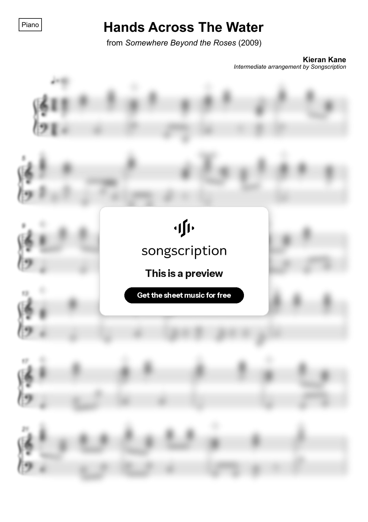 Intermediate Piano Sheet Music for "Hands Across The Water" by Kieran Kane