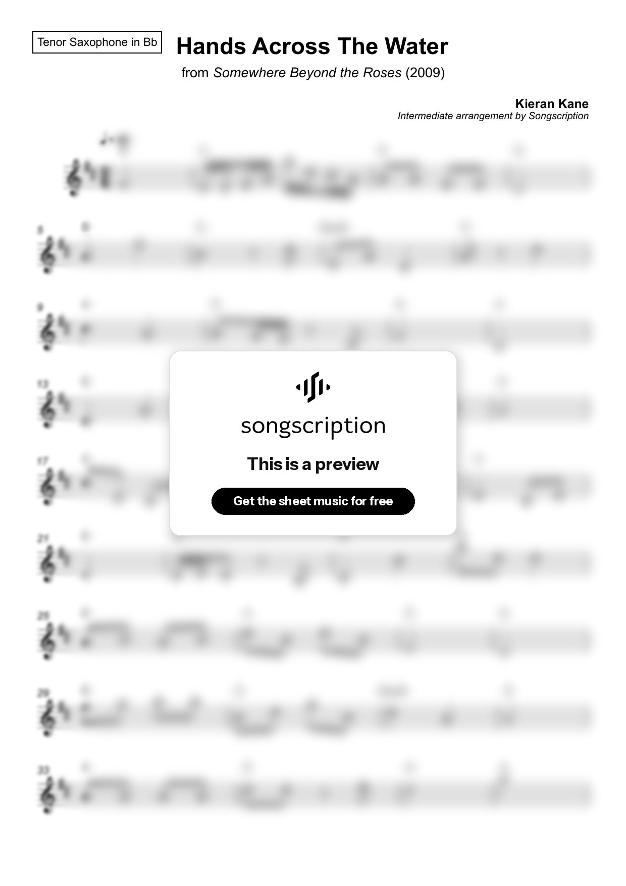 Intermediate Tenor Sax Sheet Music for "Hands Across The Water" by Kieran Kane
