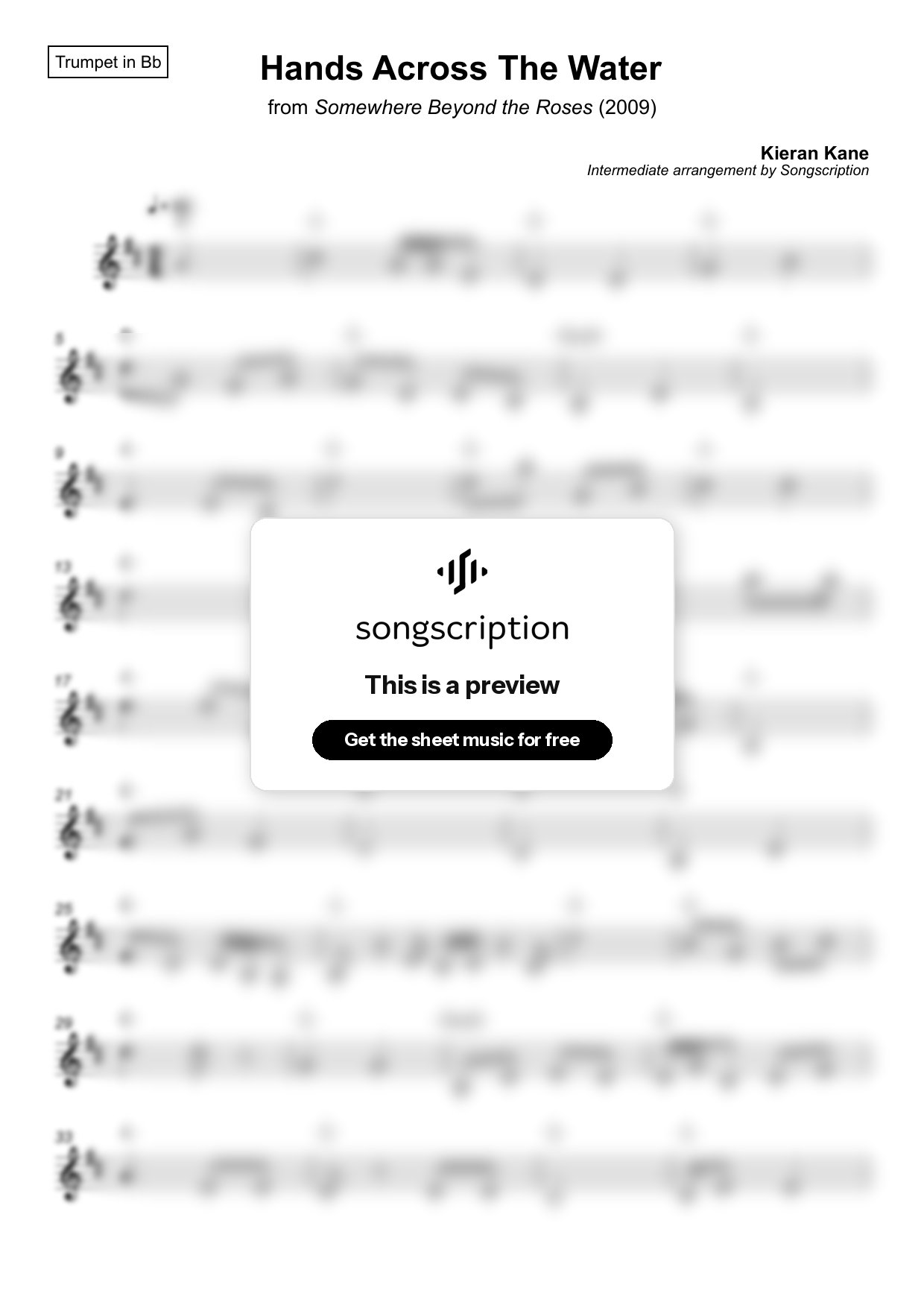 Intermediate Trumpet Sheet Music for "Hands Across The Water" by Kieran Kane
