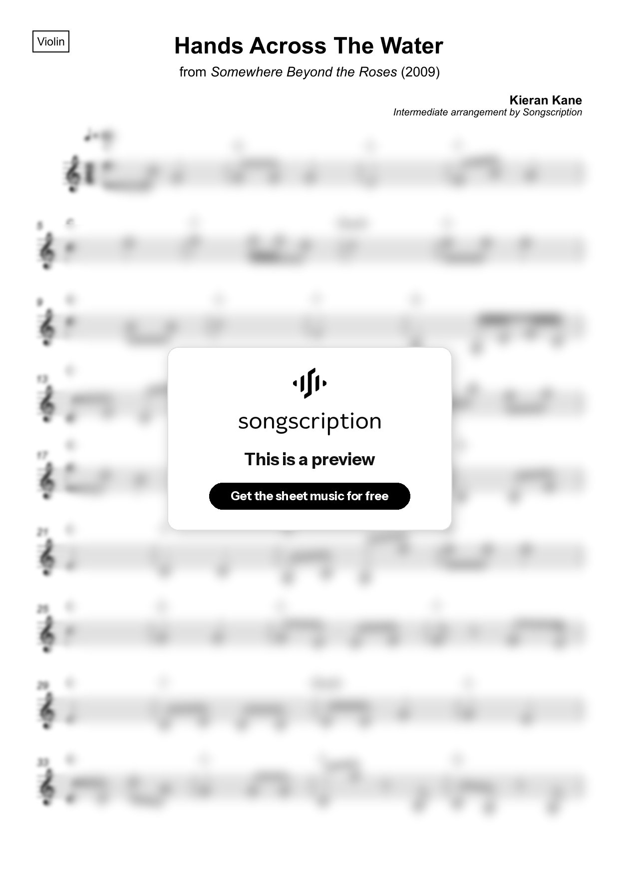 Intermediate Violin Sheet Music for "Hands Across The Water" by Kieran Kane