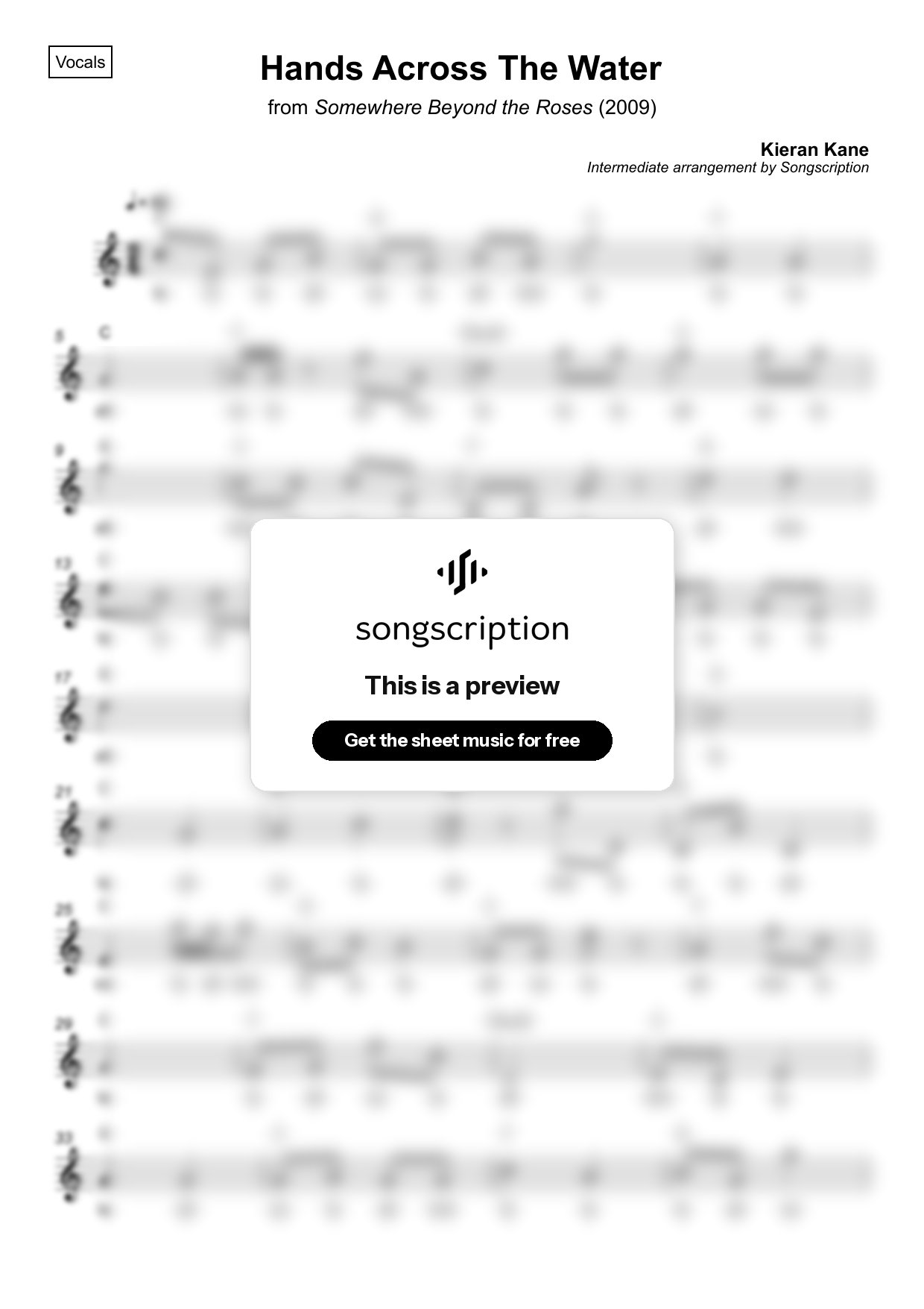 Intermediate Vocals Sheet Music for "Hands Across The Water" by Kieran Kane
