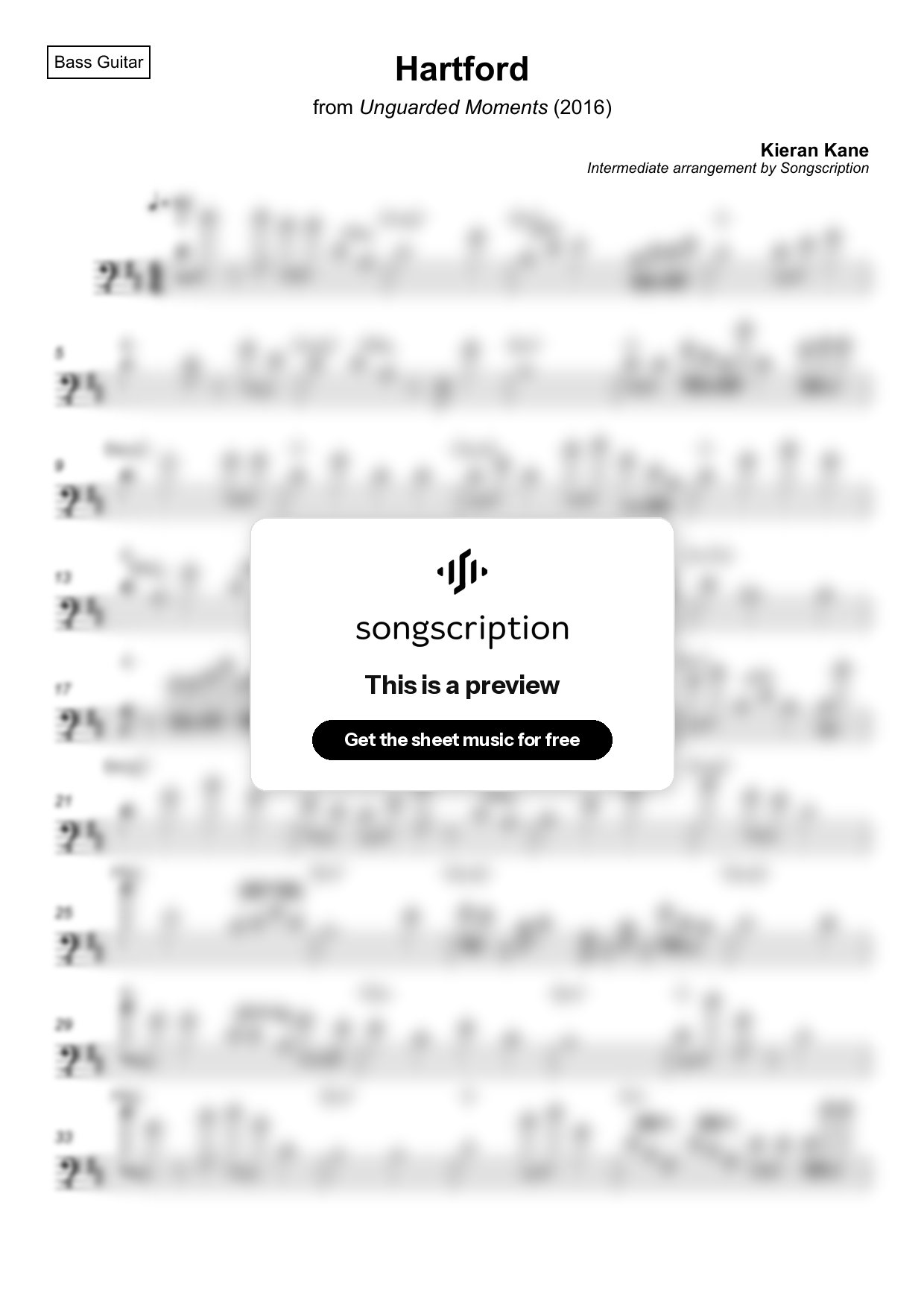 Intermediate Bass Guitar Sheet Music for "Hartford" by Kieran Kane