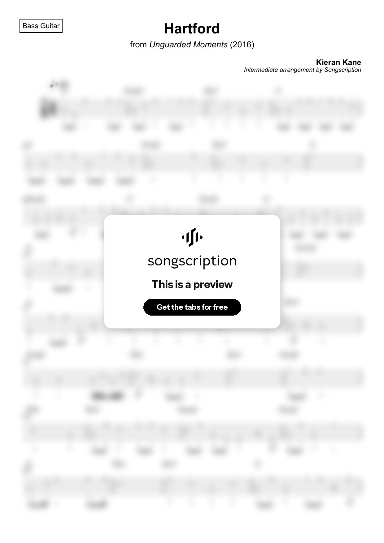 Intermediate Bass Guitar Tabs for "Hartford" by Kieran Kane