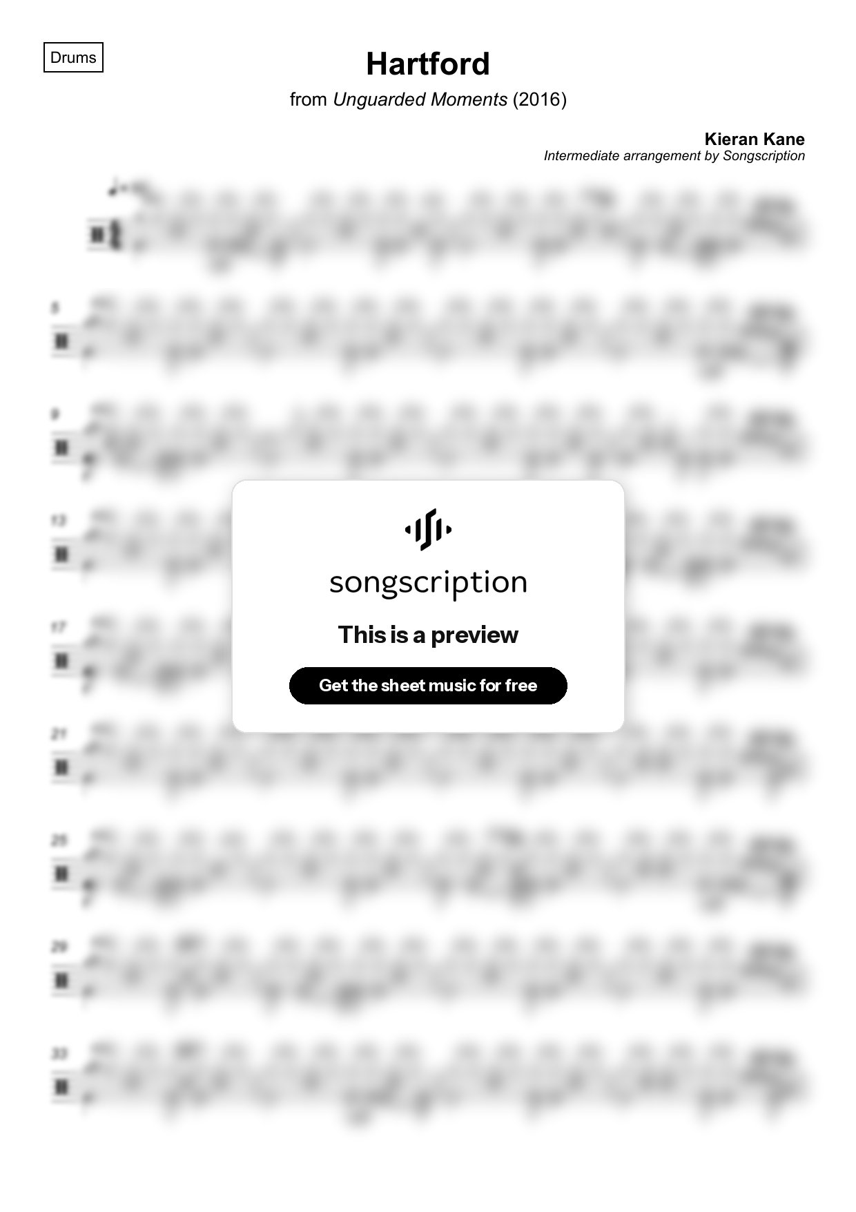 Intermediate Drums Sheet Music for "Hartford" by Kieran Kane