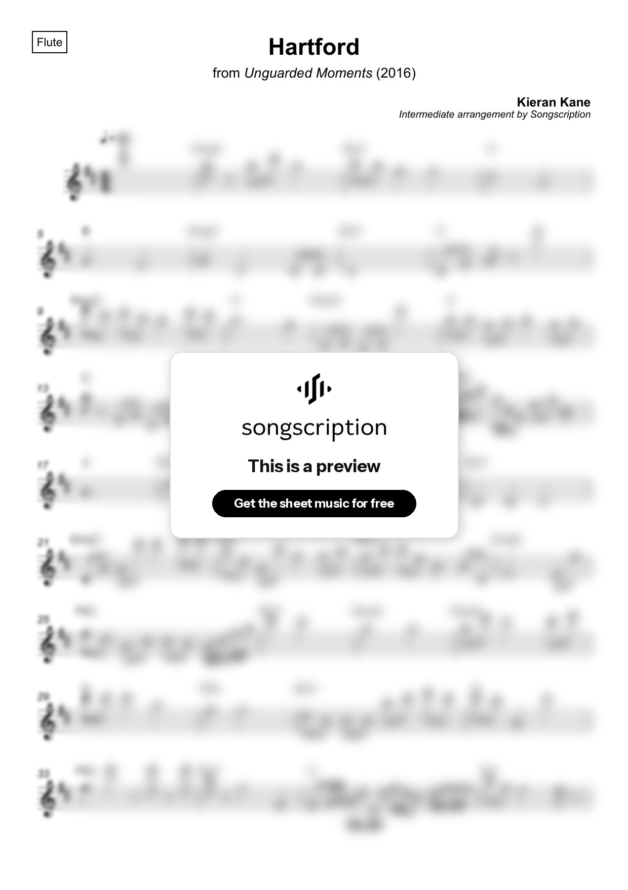 Intermediate Flute Sheet Music for "Hartford" by Kieran Kane