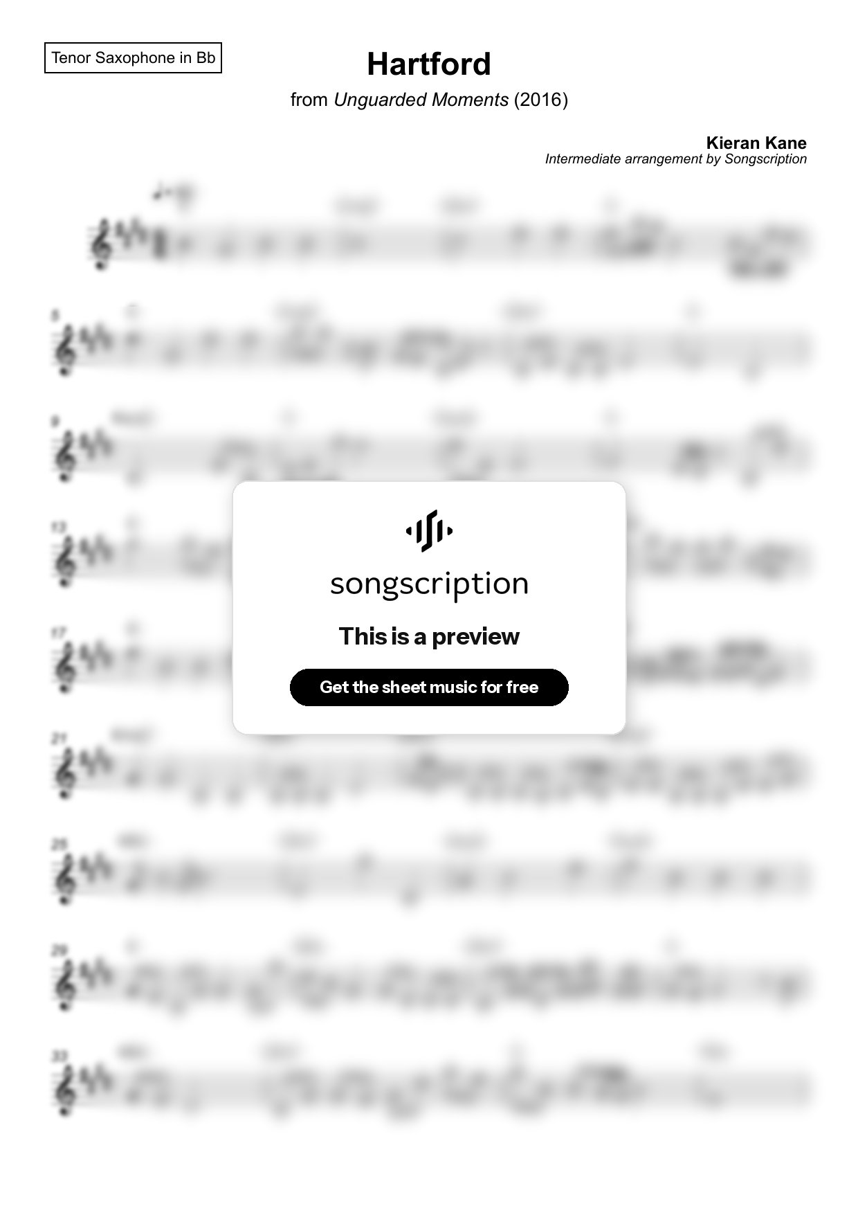Intermediate Tenor Sax Sheet Music for "Hartford" by Kieran Kane