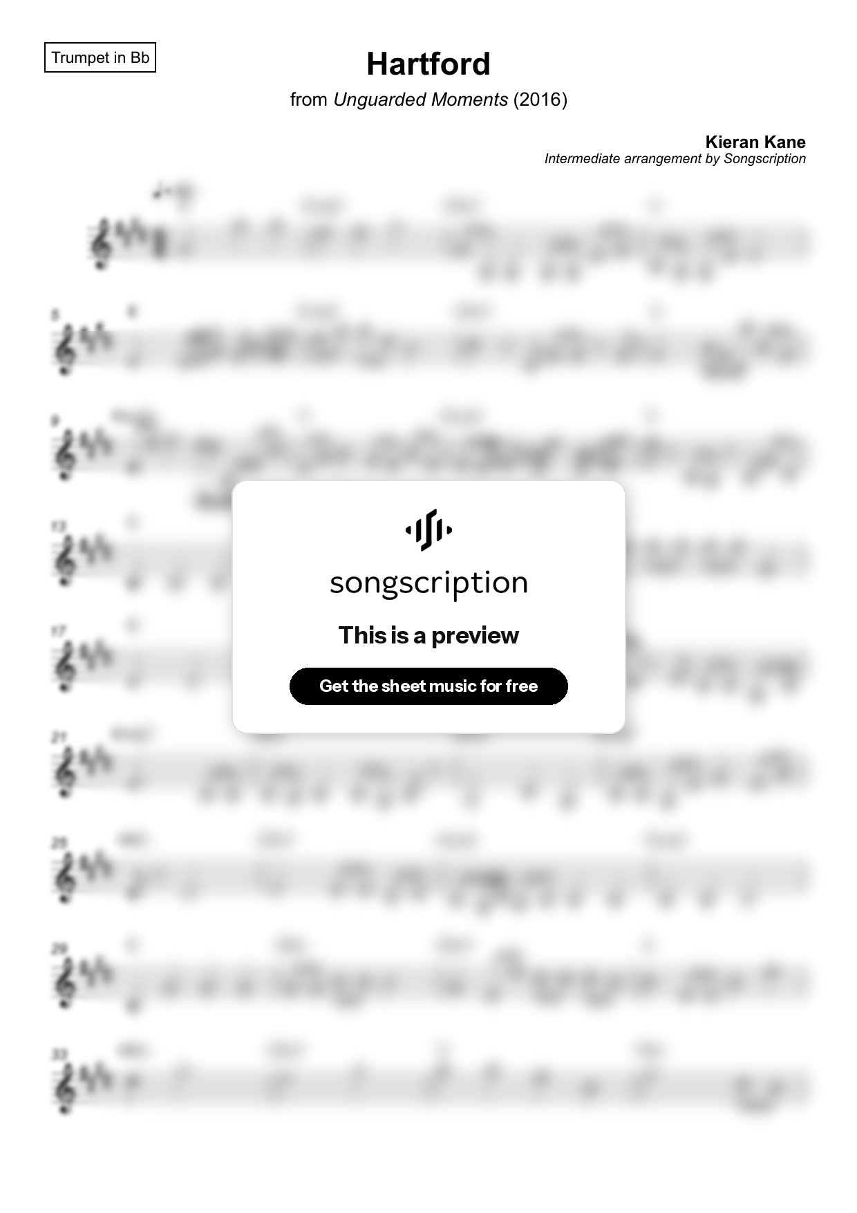 Intermediate Trumpet Sheet Music for "Hartford" by Kieran Kane