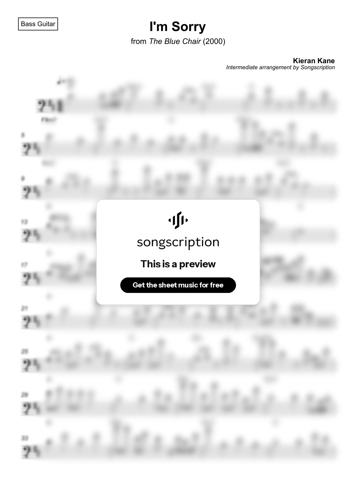 Intermediate Bass Guitar Sheet Music for "I'm Sorry" by Kieran Kane