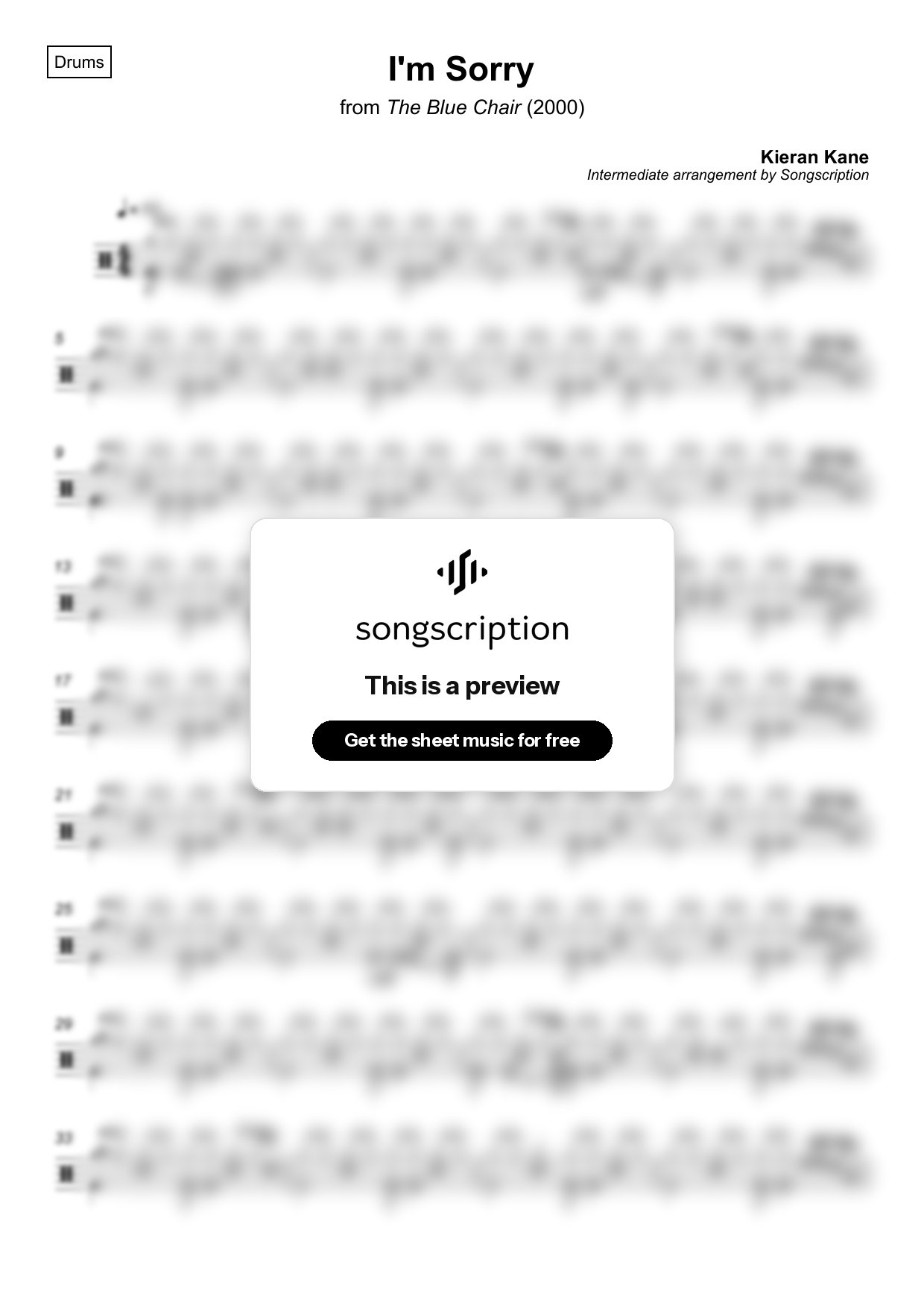 Intermediate Drums Sheet Music for "I'm Sorry" by Kieran Kane