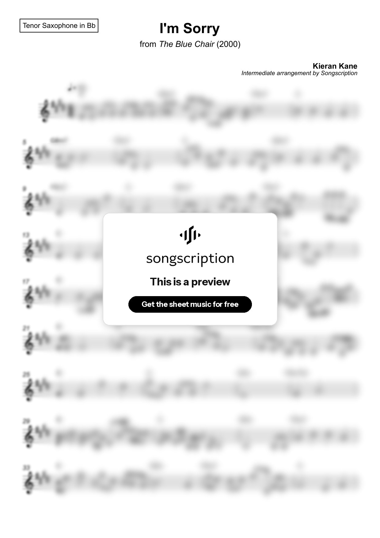 Intermediate Tenor Sax Sheet Music for "I'm Sorry" by Kieran Kane