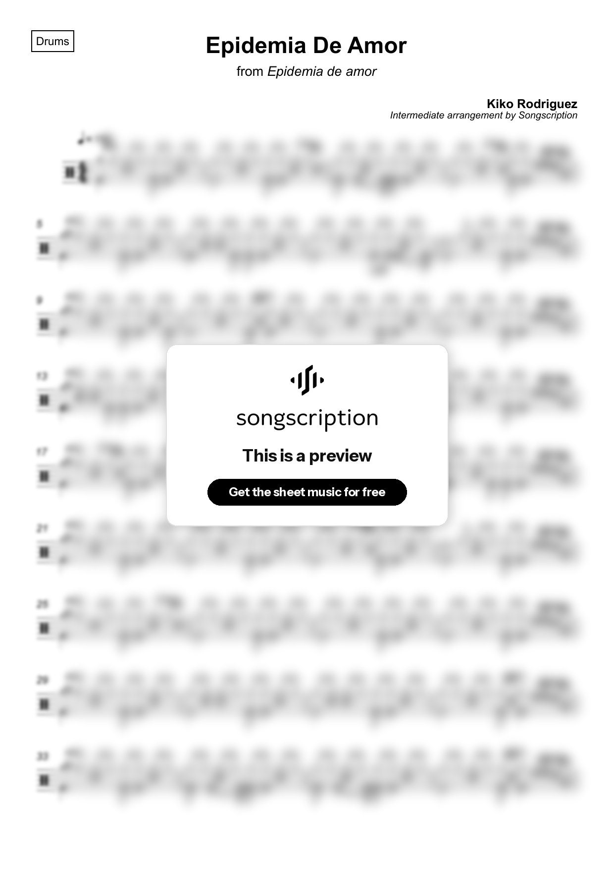 Intermediate Drums Sheet Music for "Epidemia De Amor" by Kiko Rodriguez