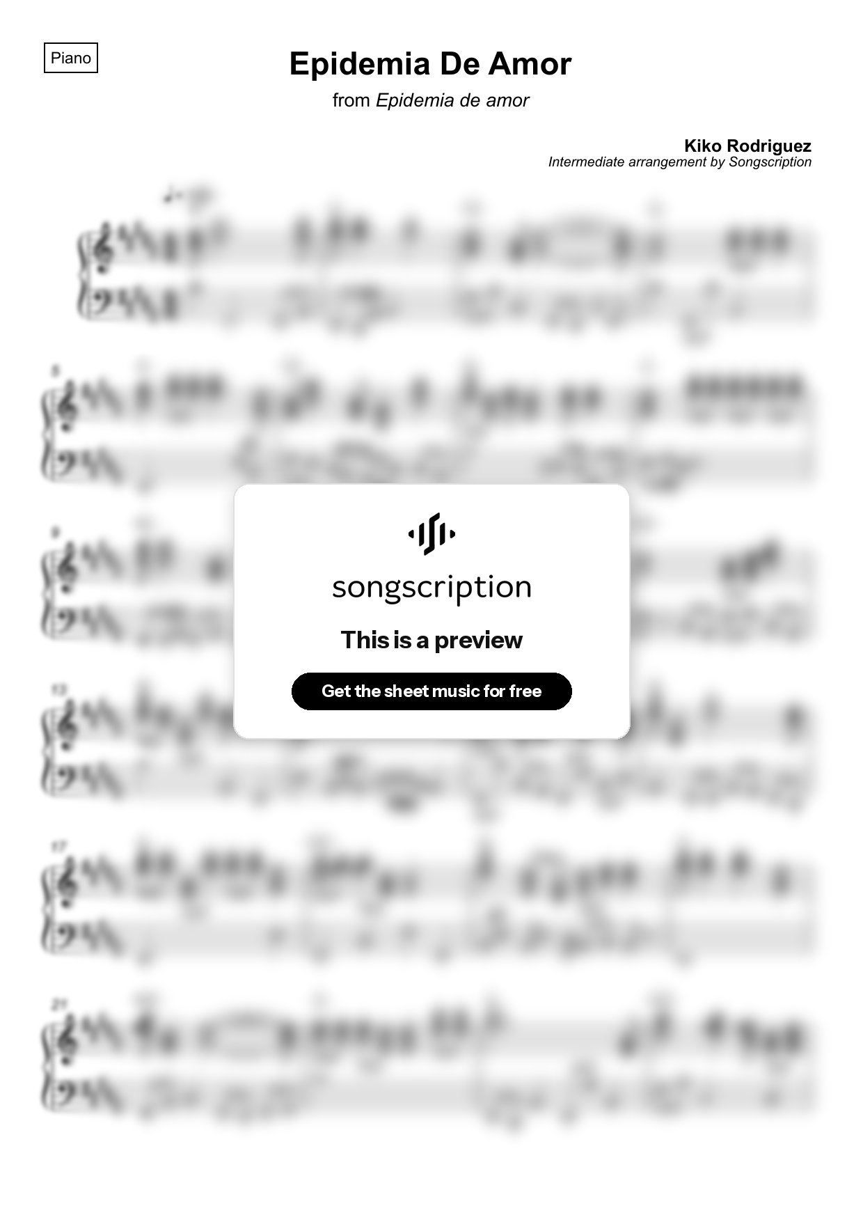Intermediate Piano Sheet Music for "Epidemia De Amor" by Kiko Rodriguez