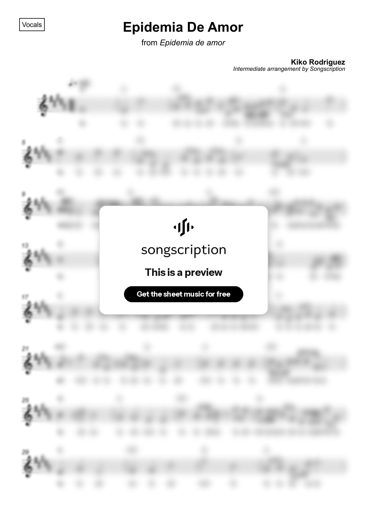 Intermediate Vocals Sheet Music for "Epidemia De Amor" by Kiko Rodriguez