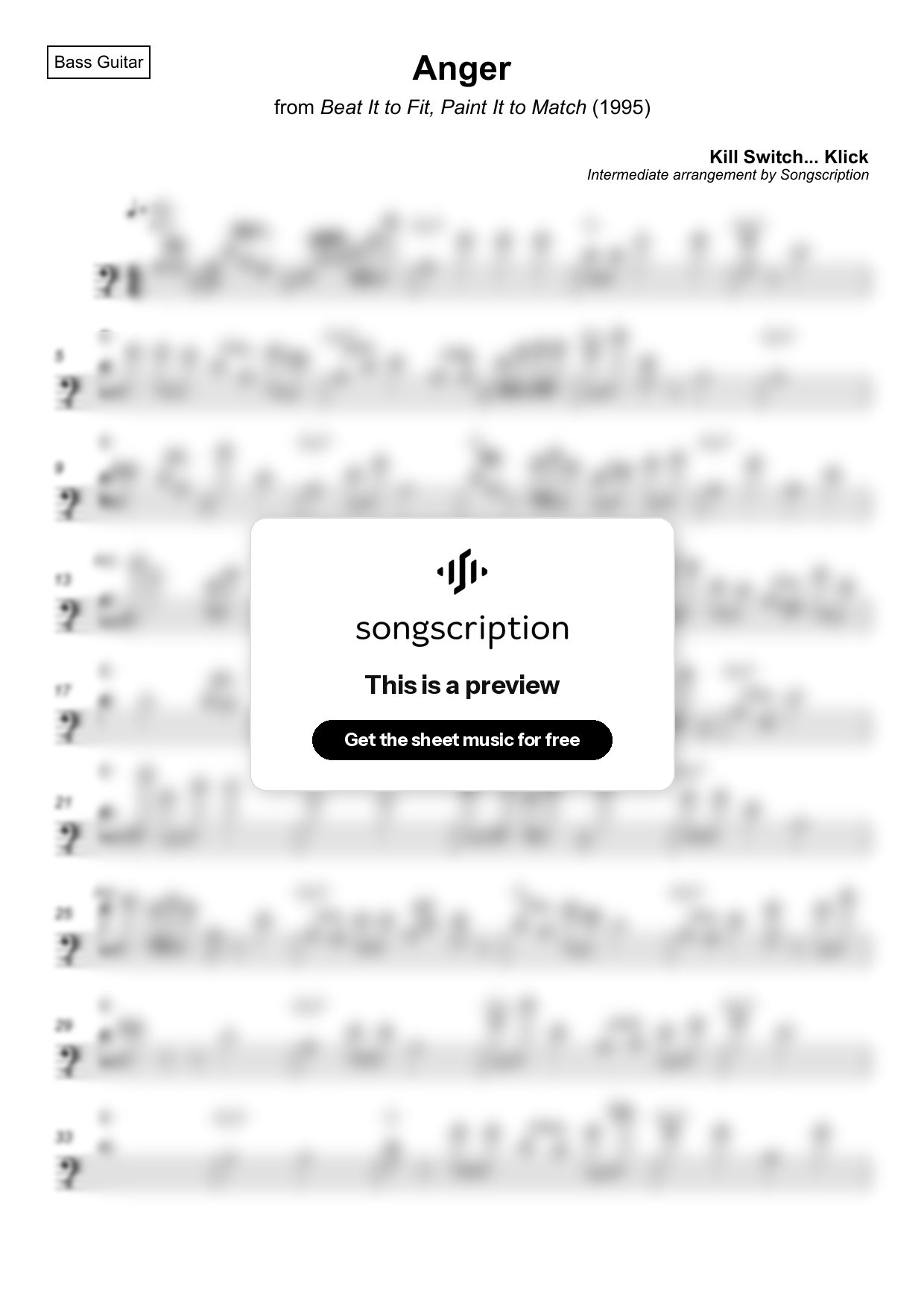 Intermediate Bass Guitar Sheet Music for "Anger" by Kill Switch... Klick