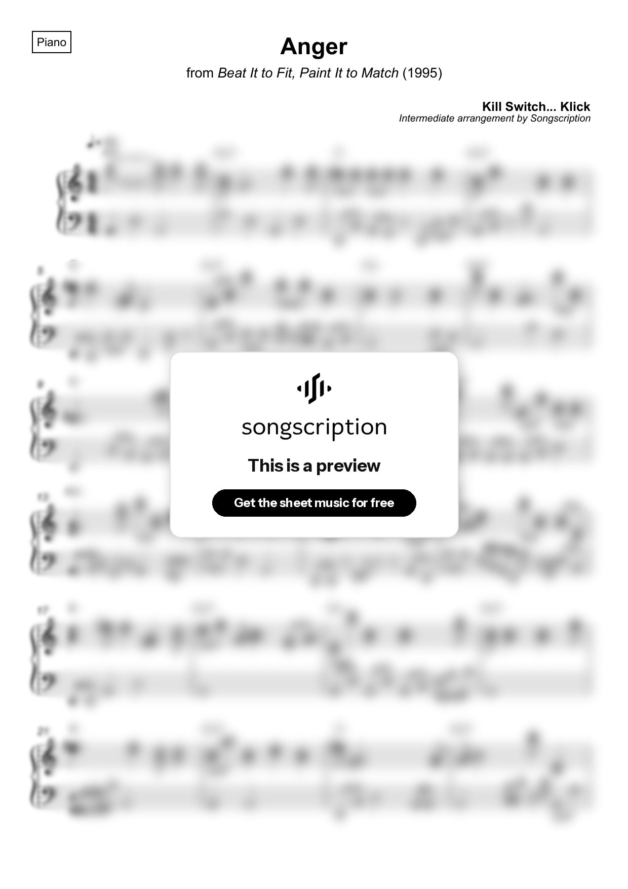 Intermediate Piano Sheet Music for "Anger" by Kill Switch... Klick