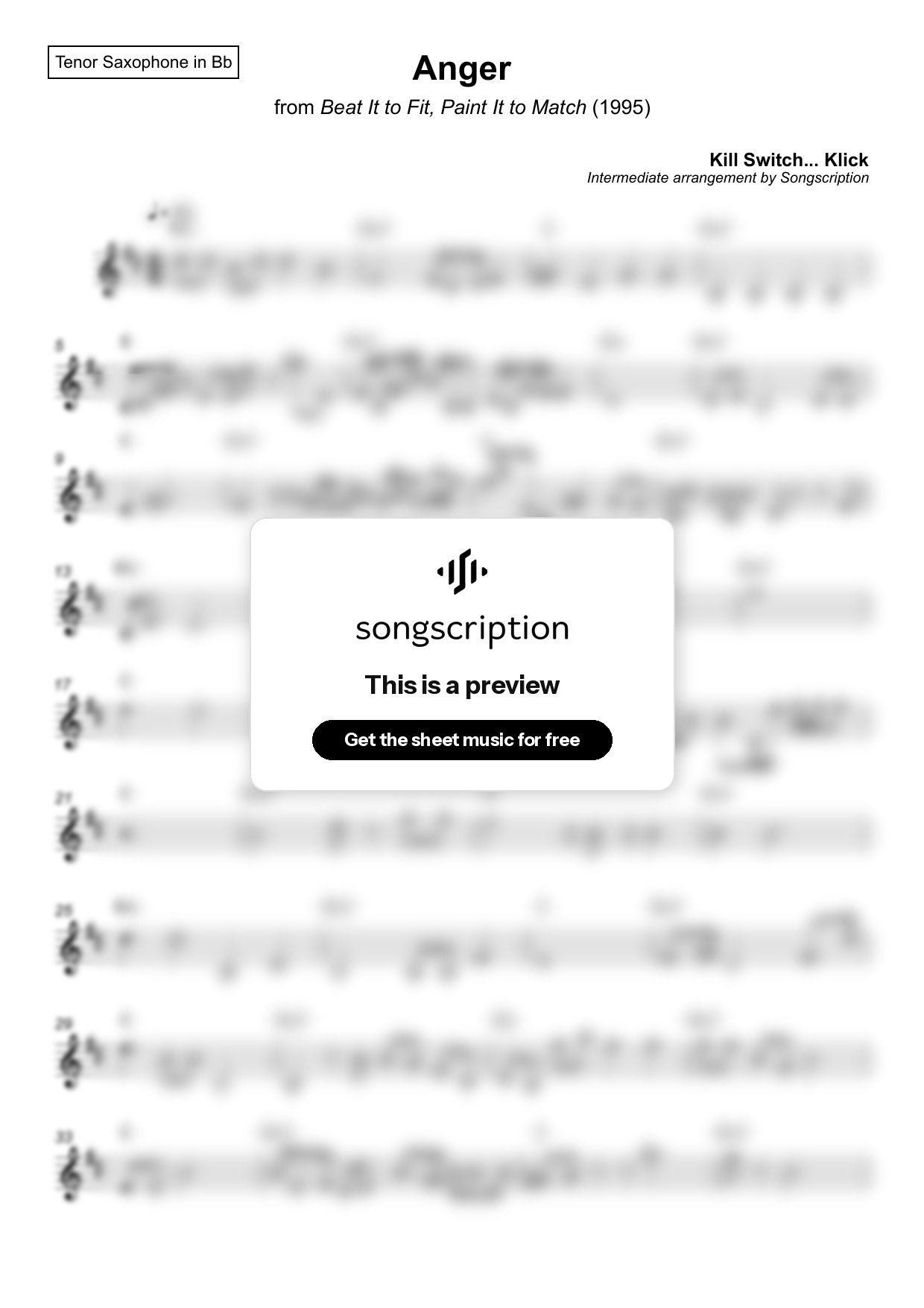 Intermediate Tenor Sax Sheet Music for "Anger" by Kill Switch... Klick