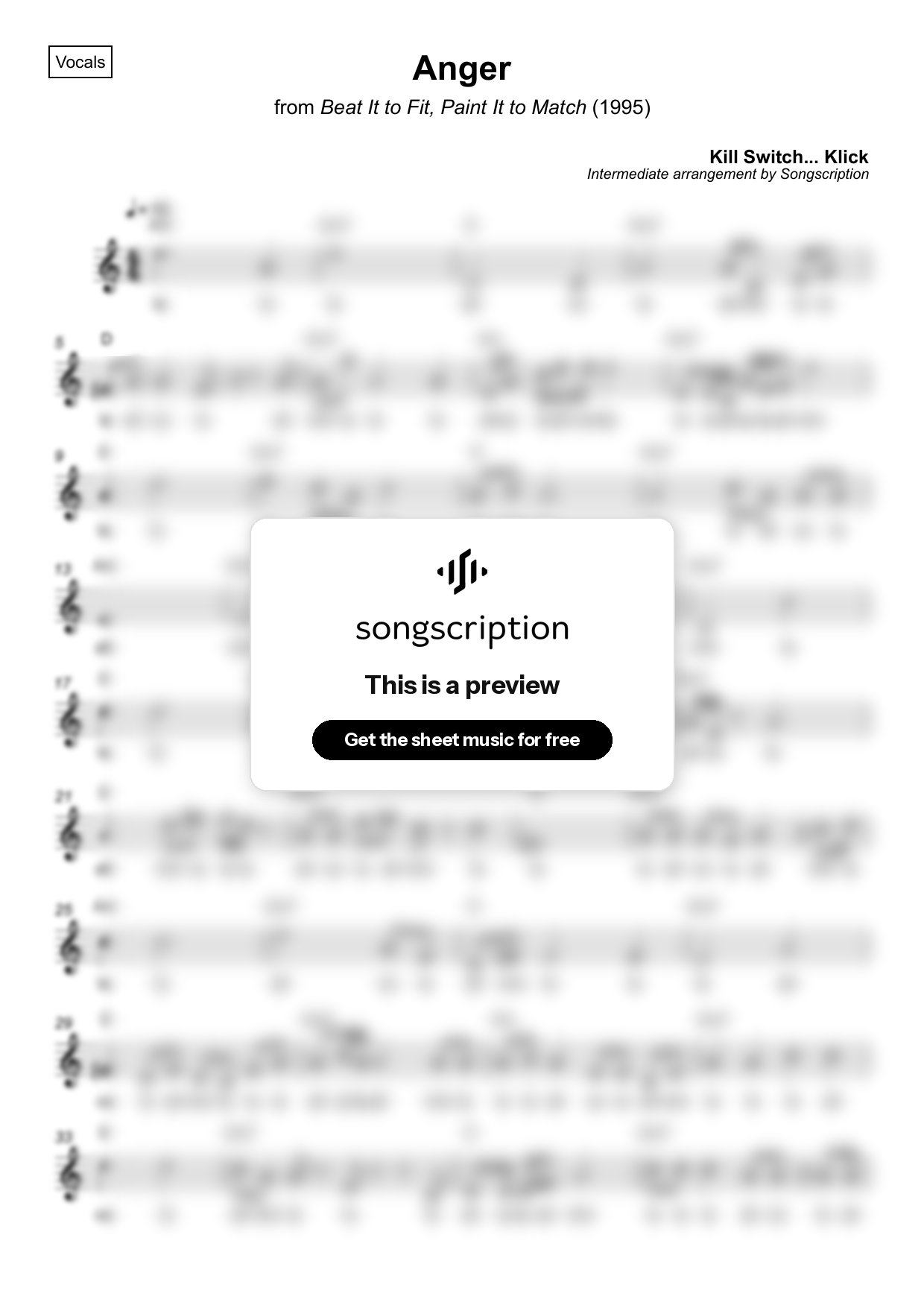 Intermediate Vocals Sheet Music for "Anger" by Kill Switch... Klick