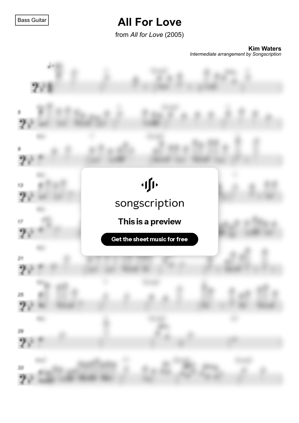Intermediate Bass Guitar Sheet Music for "All For Love" by Kim Waters