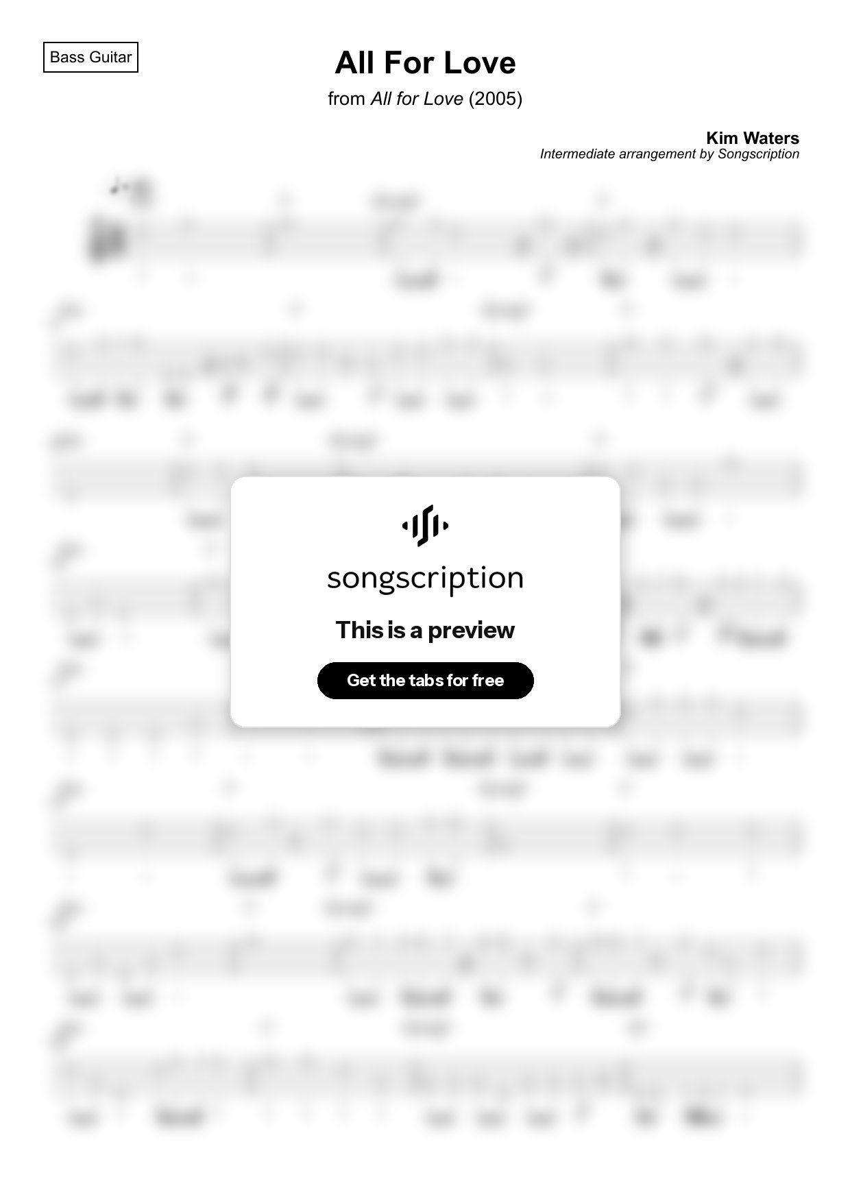 Intermediate Bass Guitar Tabs for "All For Love" by Kim Waters