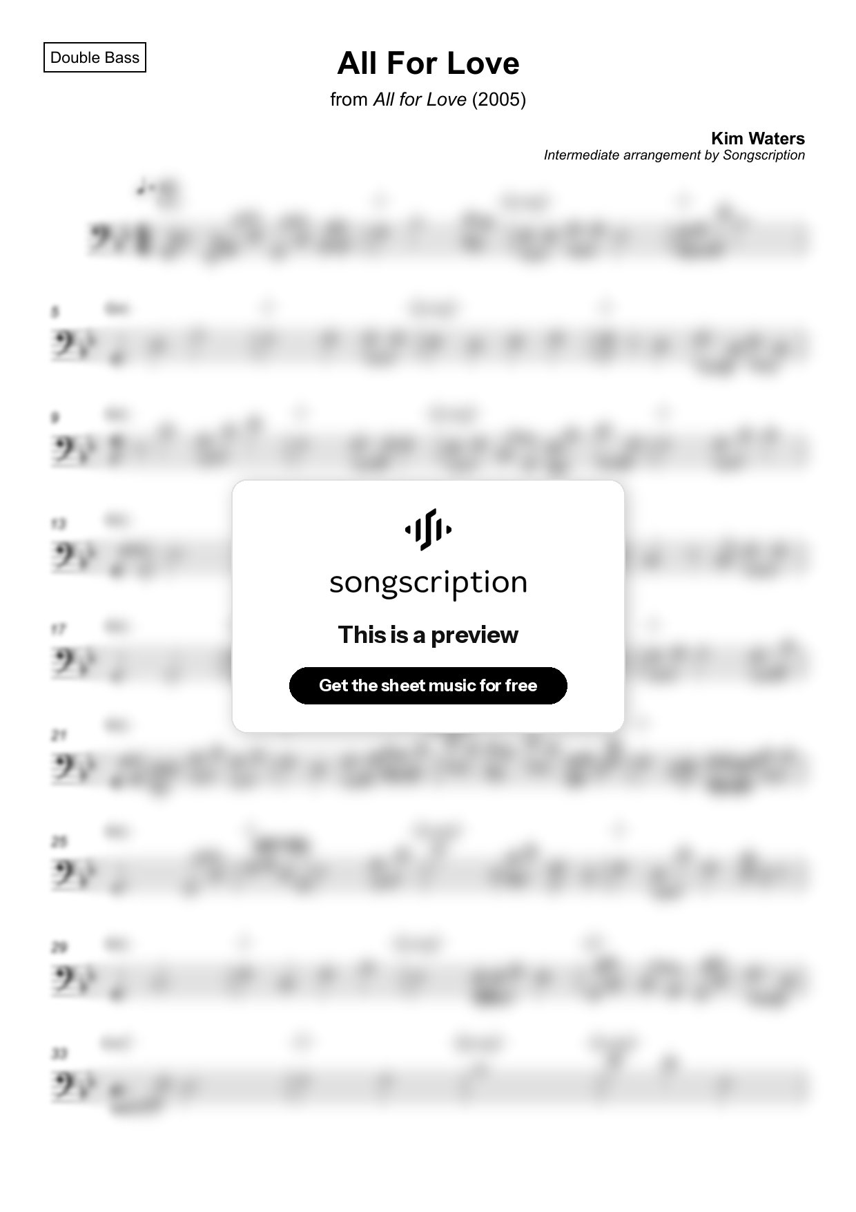 Intermediate Double Bass Sheet Music for "All For Love" by Kim Waters