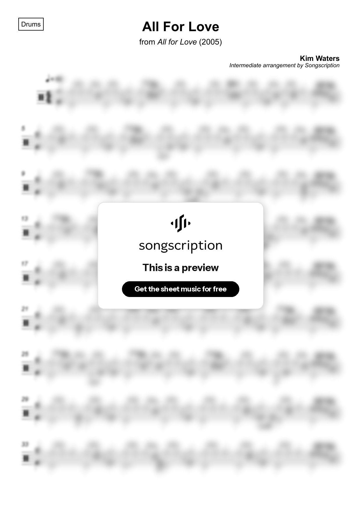 Intermediate Drums Sheet Music for "All For Love" by Kim Waters