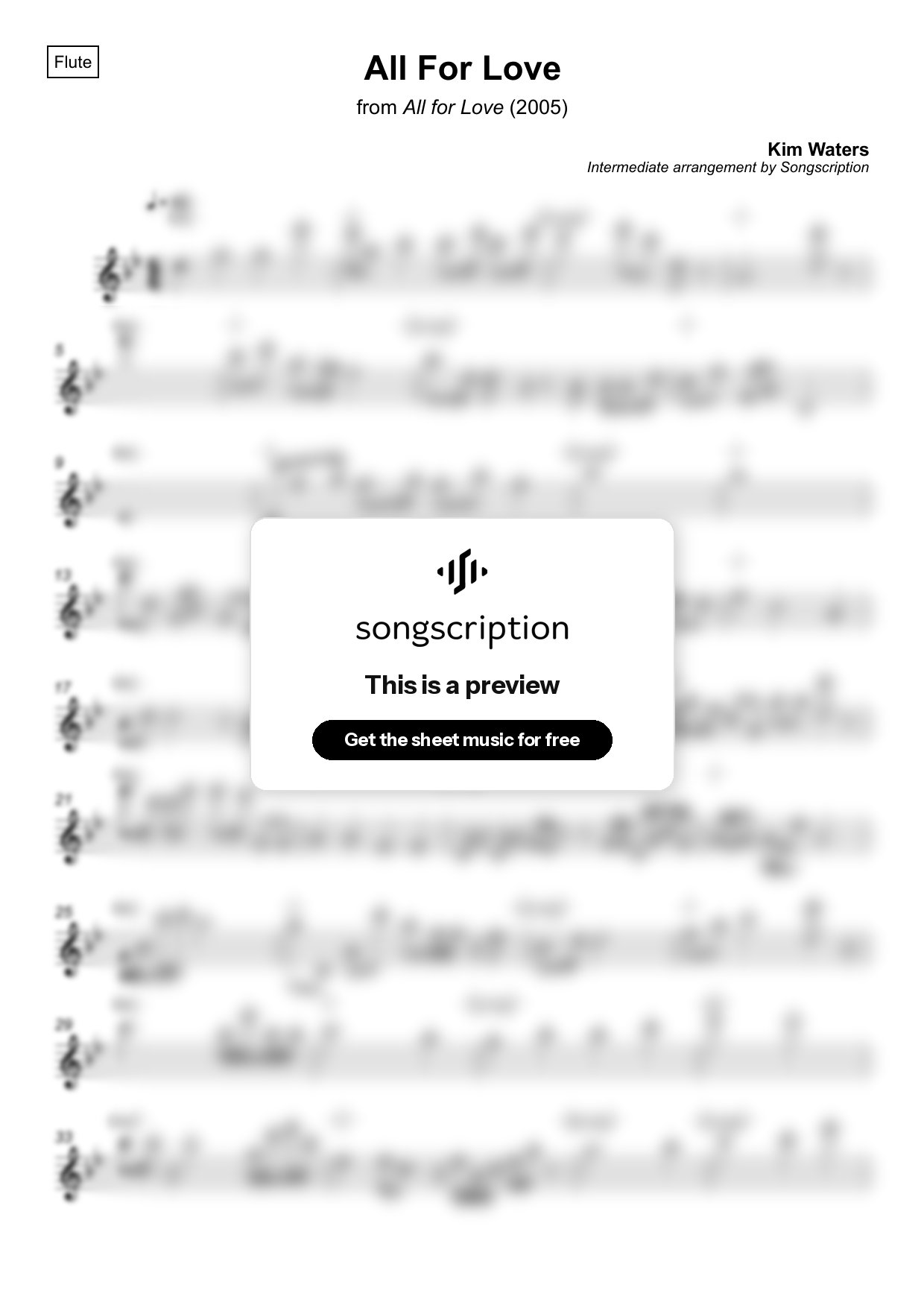 Intermediate Flute Sheet Music for "All For Love" by Kim Waters
