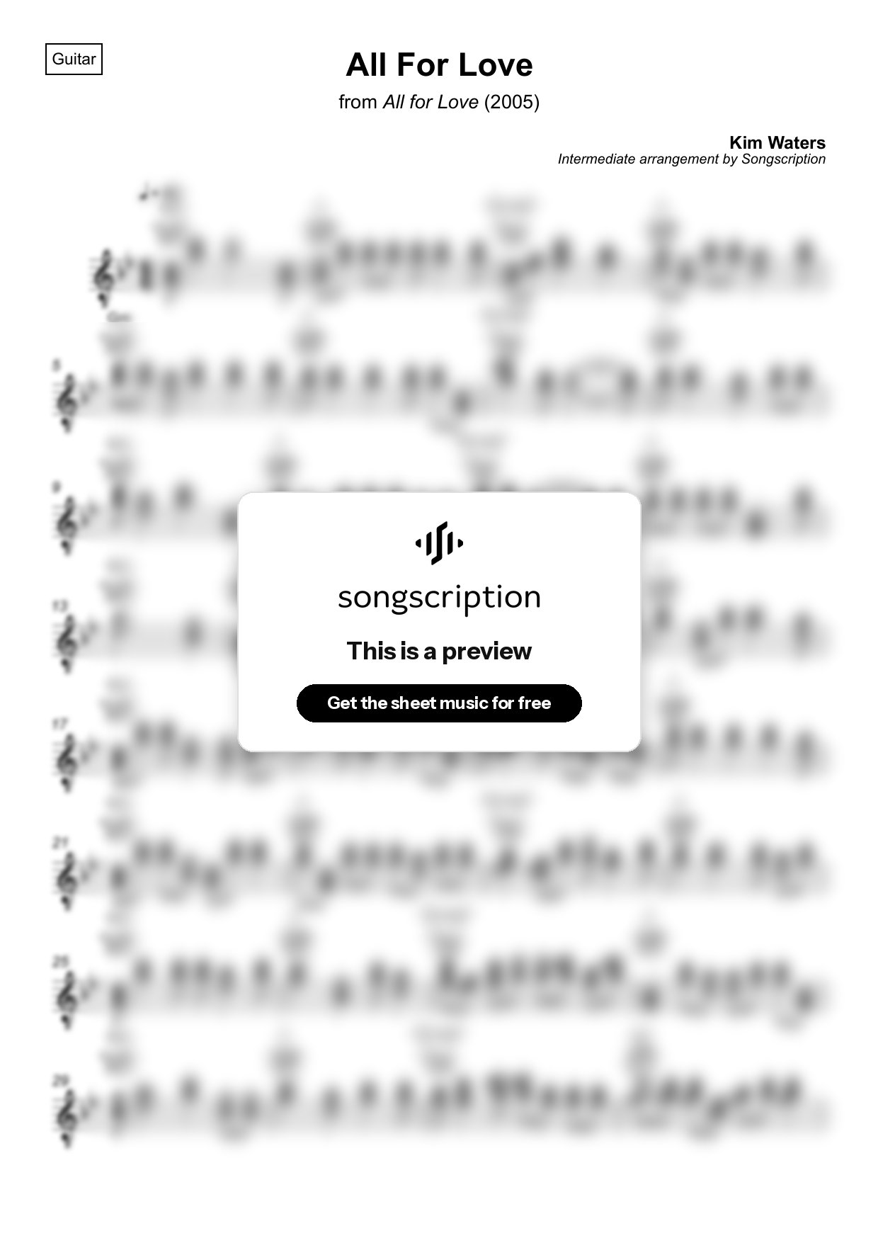 Intermediate Acoustic Guitar Sheet Music for "All For Love" by Kim Waters