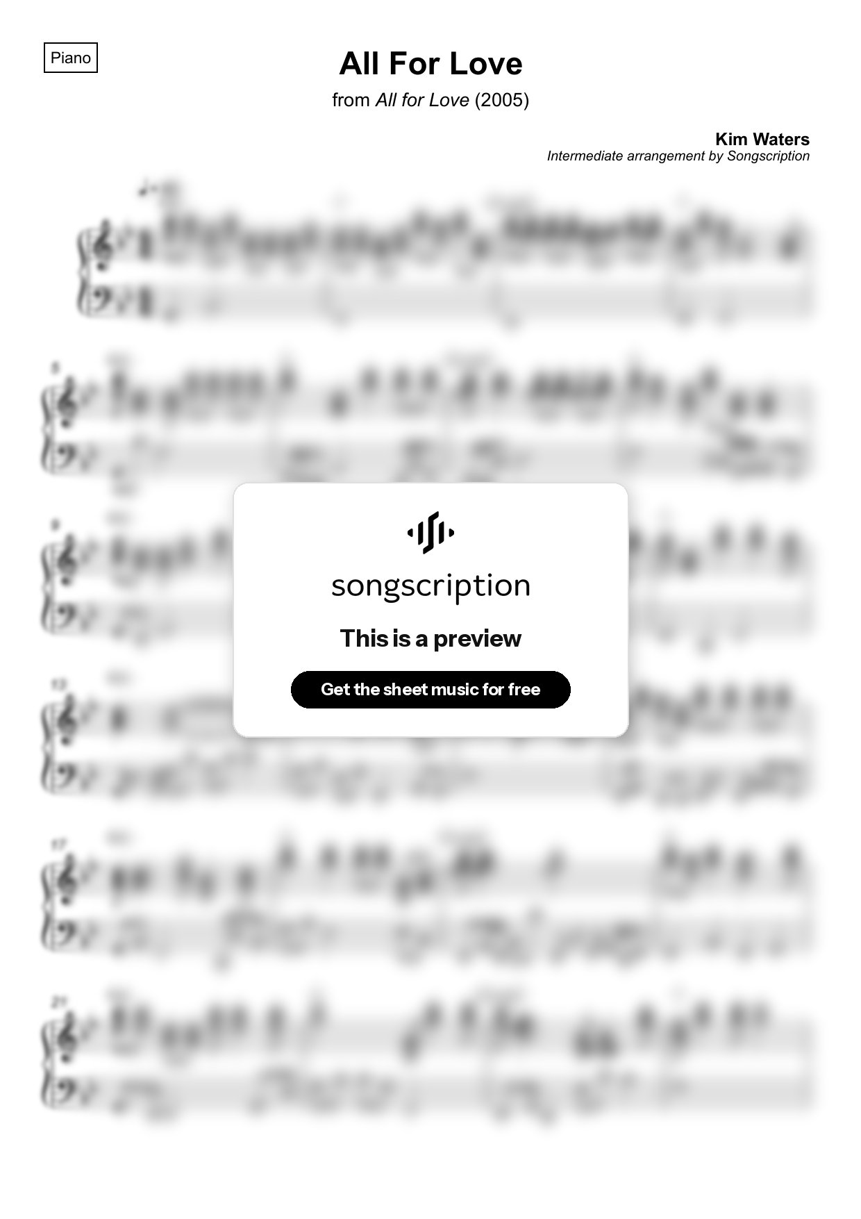 Intermediate Piano Sheet Music for "All For Love" by Kim Waters