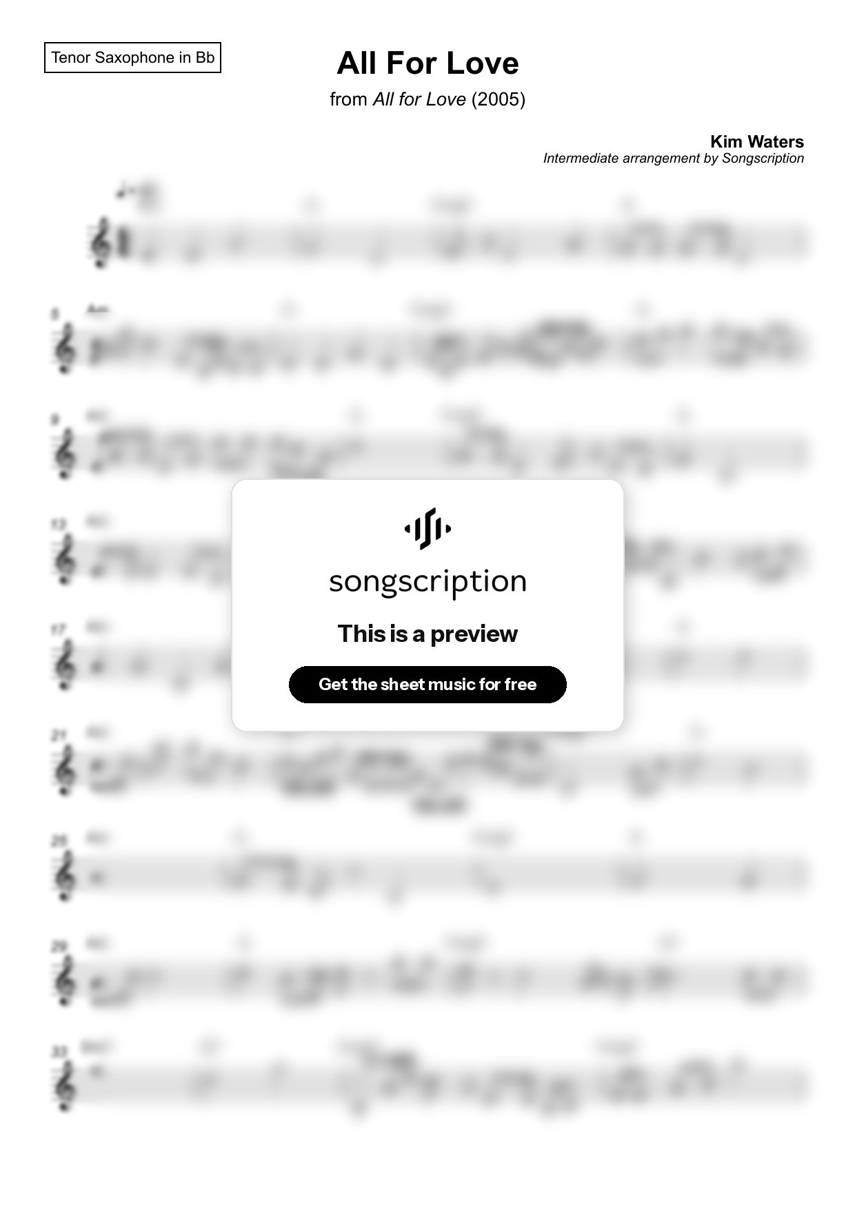 Intermediate Tenor Sax Sheet Music for "All For Love" by Kim Waters