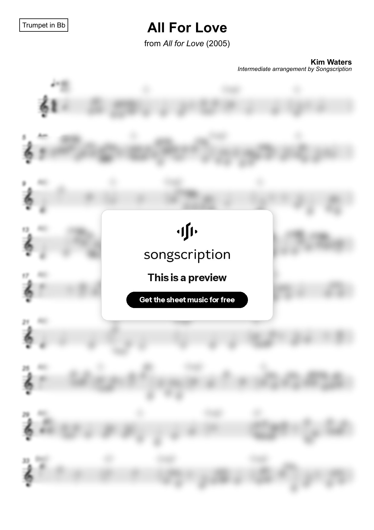 Intermediate Trumpet Sheet Music for "All For Love" by Kim Waters