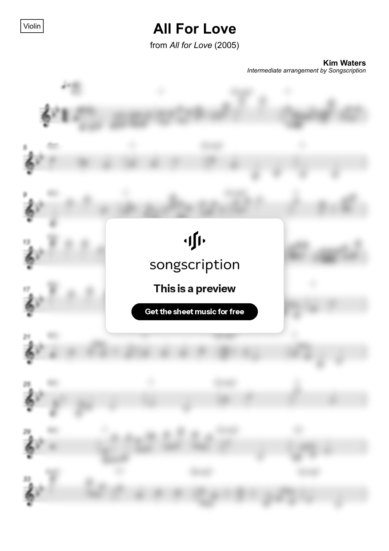 Intermediate Violin Sheet Music for "All For Love" by Kim Waters