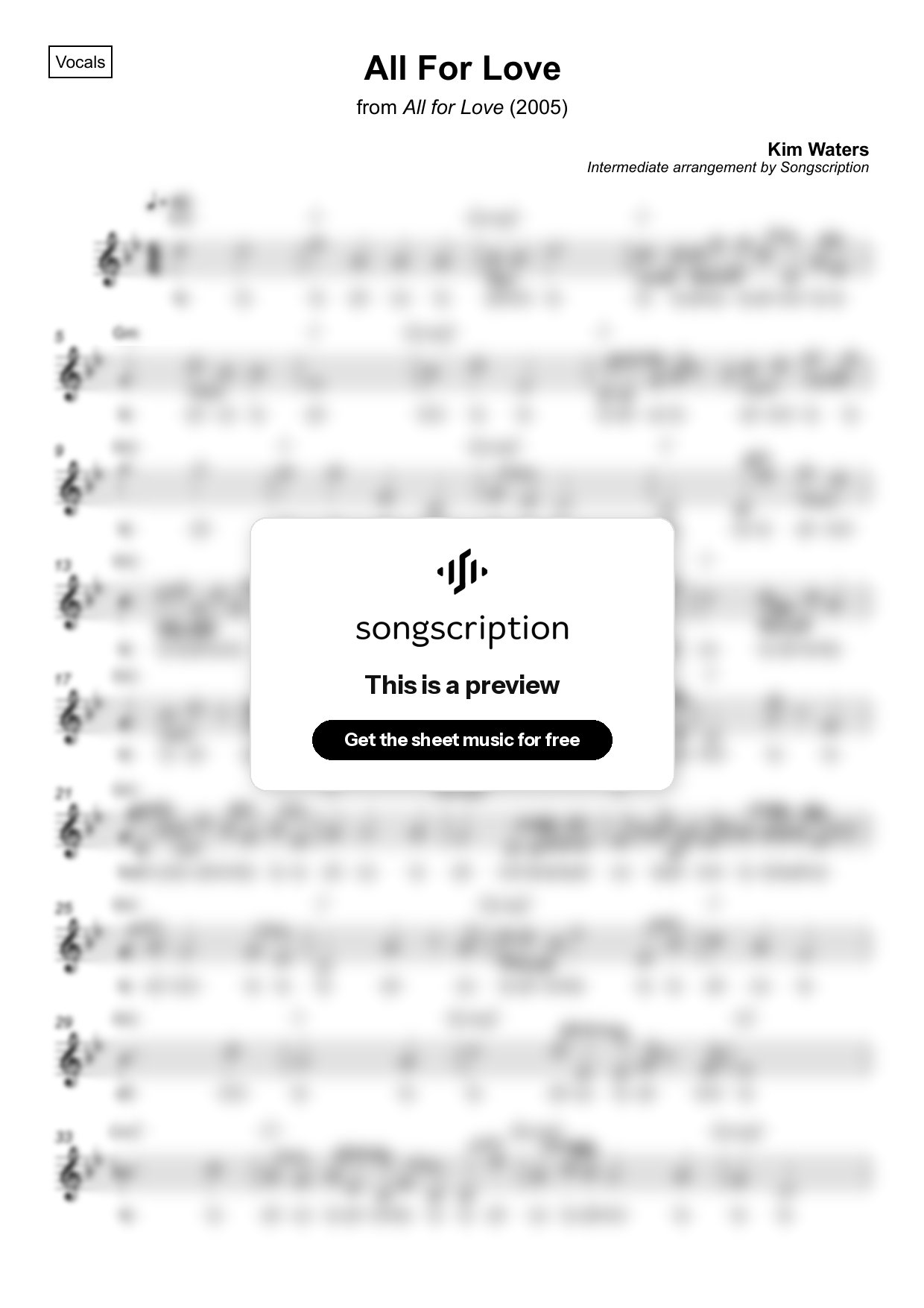Intermediate Vocals Sheet Music for "All For Love" by Kim Waters
