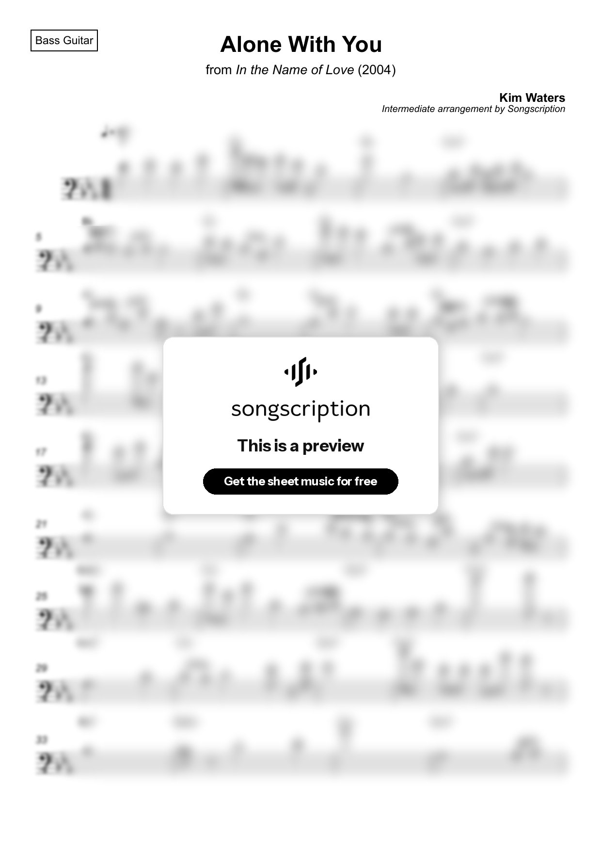 Intermediate Bass Guitar Sheet Music for "Alone With You" by Kim Waters