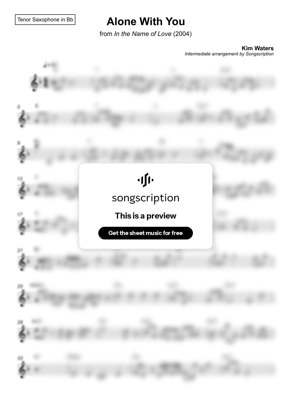 Intermediate Tenor Sax Sheet Music for "Alone With You" by Kim Waters