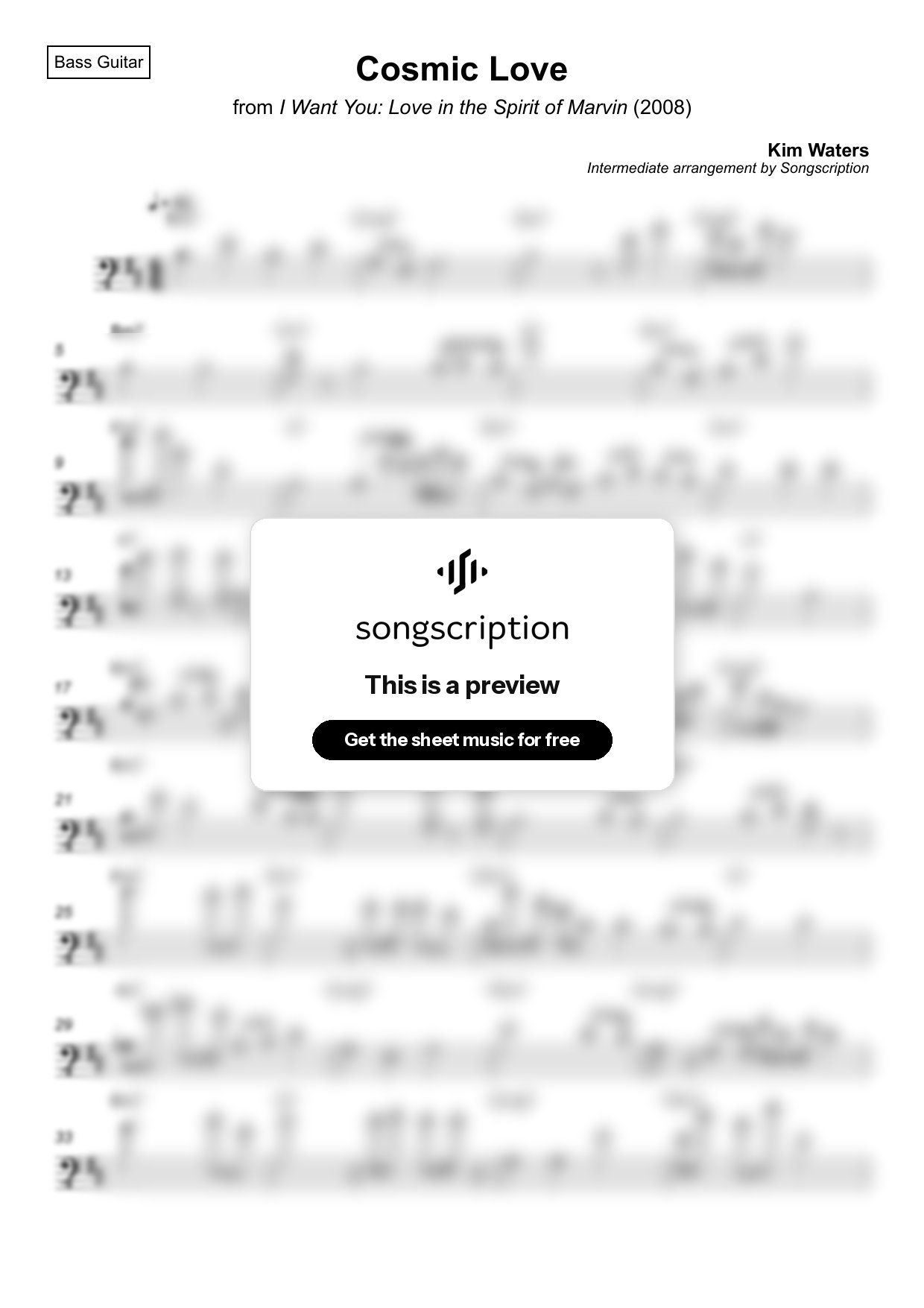 Intermediate Bass Guitar Sheet Music for "Cosmic Love" by Kim Waters