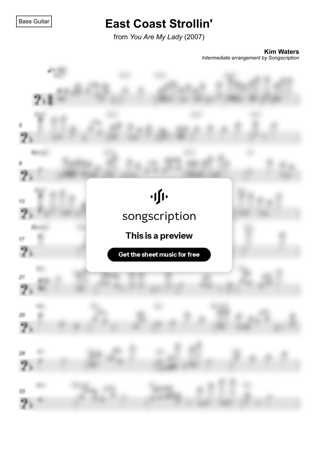 Intermediate Bass Guitar Sheet Music for "East Coast Strollin'" by Kim Waters
