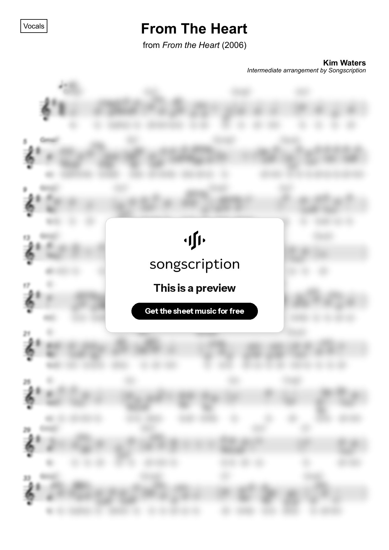Intermediate Vocals Sheet Music for "From The Heart" by Kim Waters