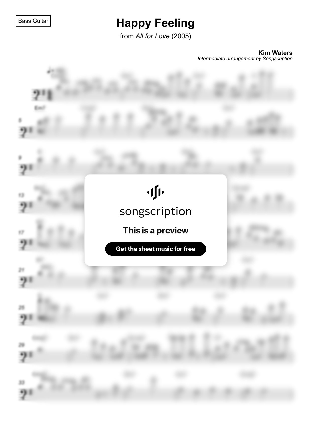 Intermediate Bass Guitar Sheet Music for "Happy Feeling" by Kim Waters