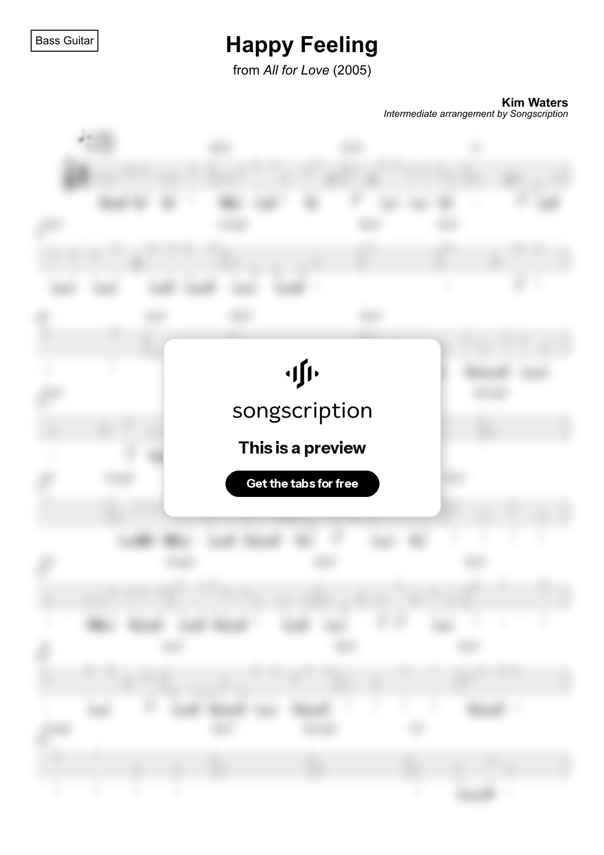 Intermediate Bass Guitar Tabs for "Happy Feeling" by Kim Waters