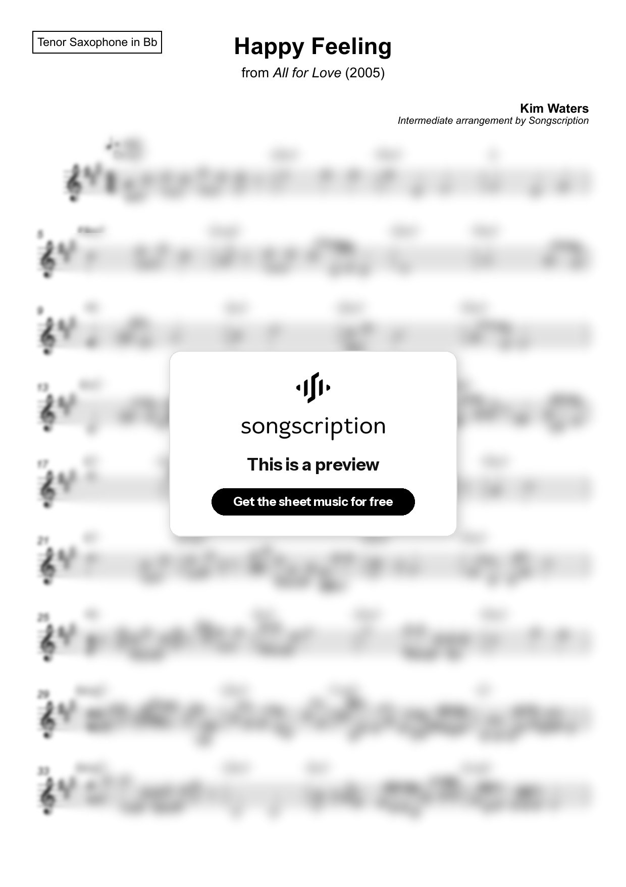 Intermediate Tenor Sax Sheet Music for "Happy Feeling" by Kim Waters