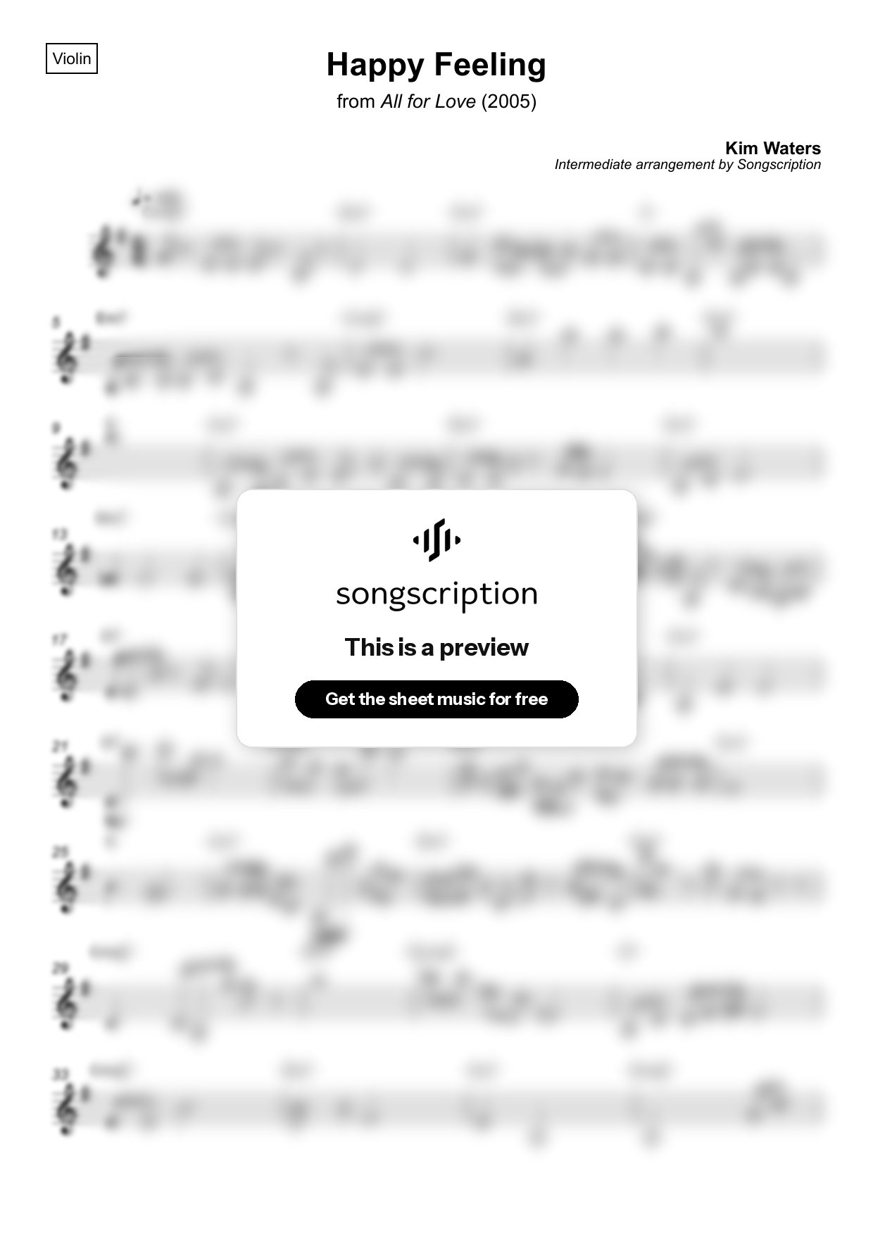Intermediate Violin Sheet Music for "Happy Feeling" by Kim Waters