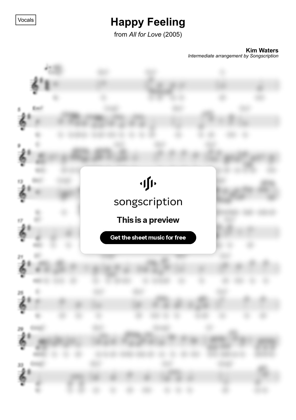 Intermediate Vocals Sheet Music for "Happy Feeling" by Kim Waters