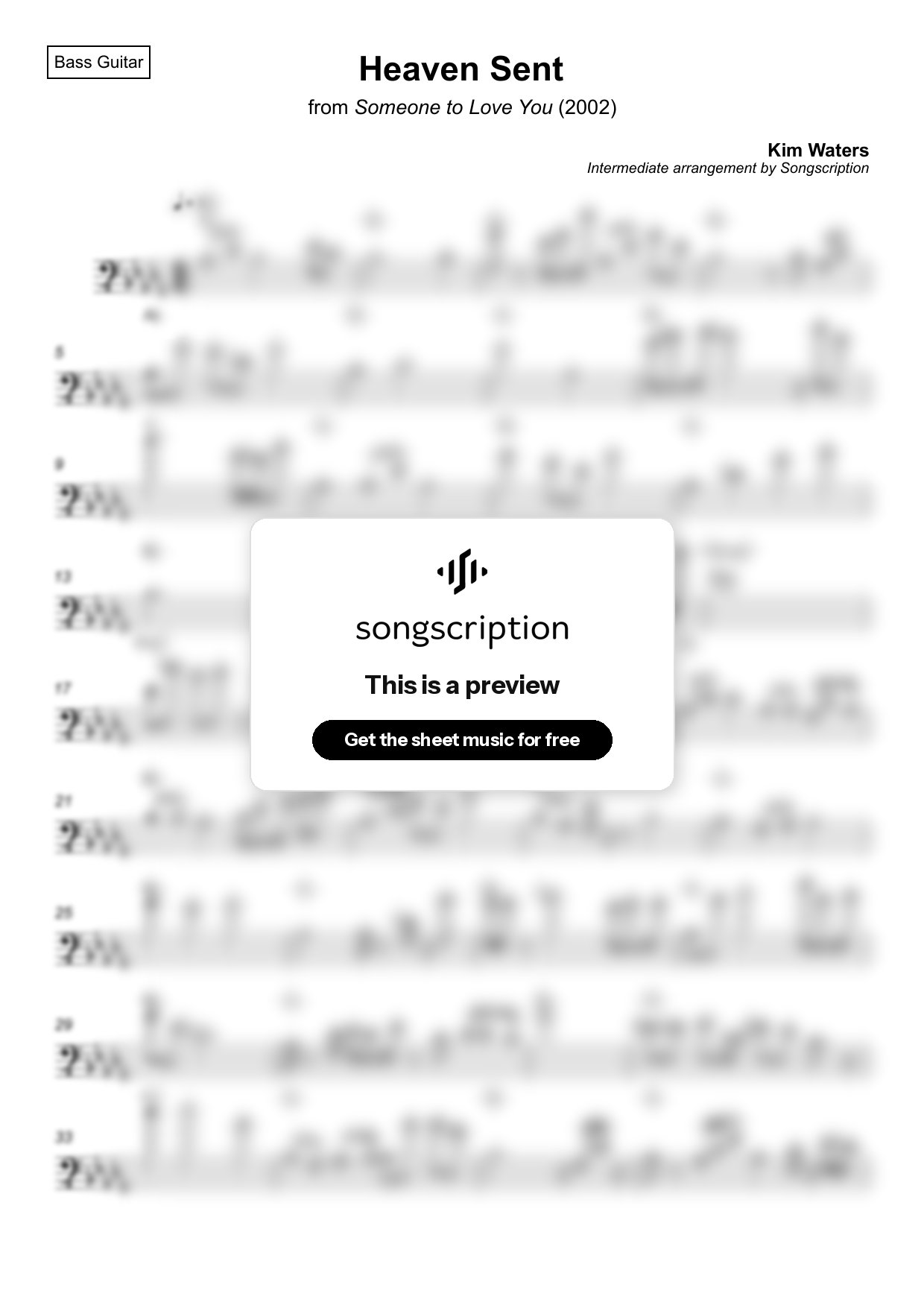 Intermediate Bass Guitar Sheet Music for "Heaven Sent" by Kim Waters