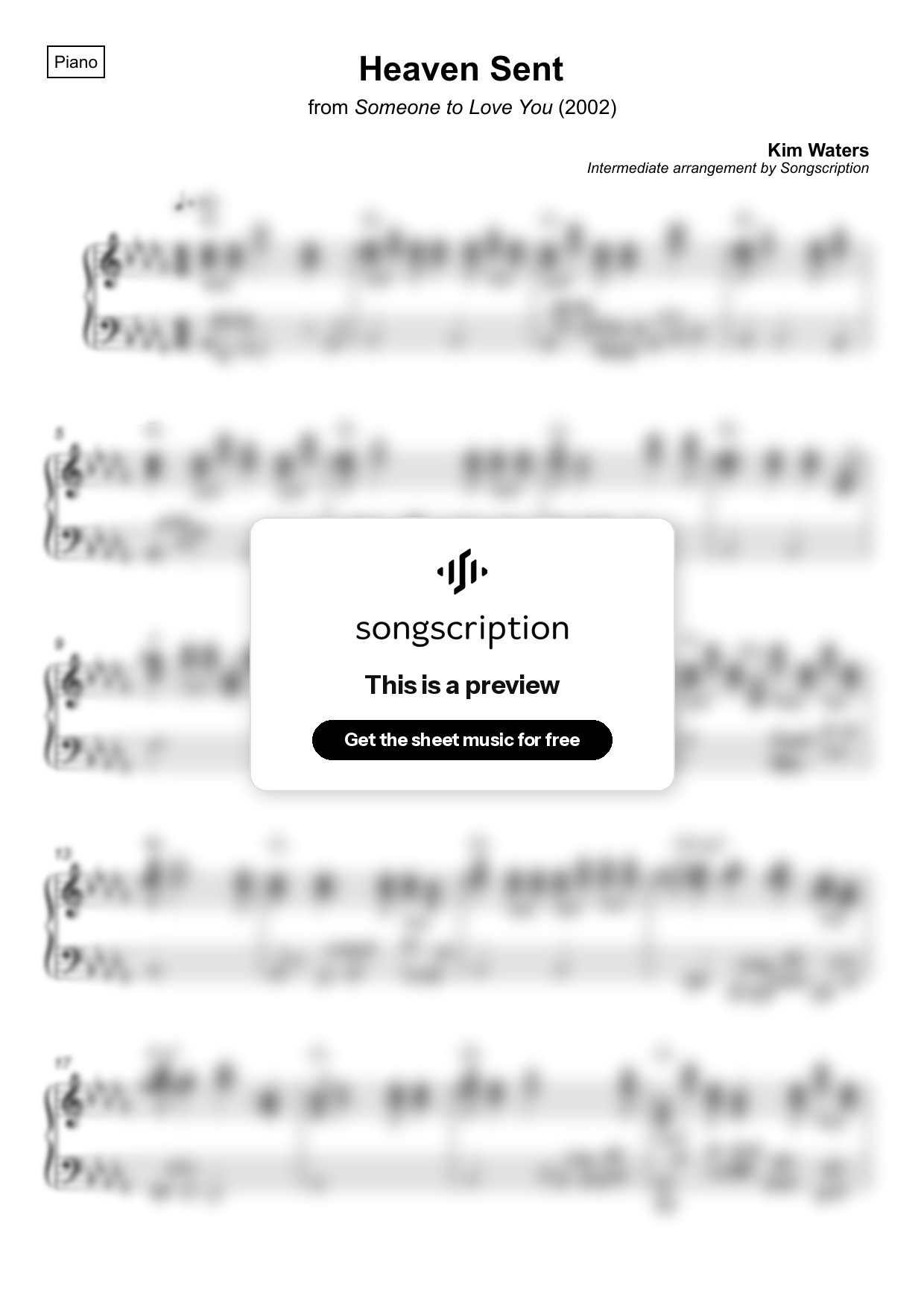 Intermediate Piano Sheet Music for "Heaven Sent" by Kim Waters