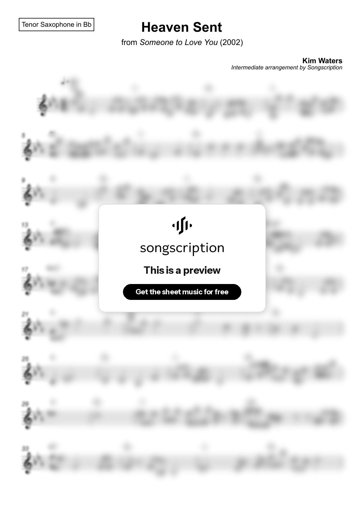 Intermediate Tenor Sax Sheet Music for "Heaven Sent" by Kim Waters