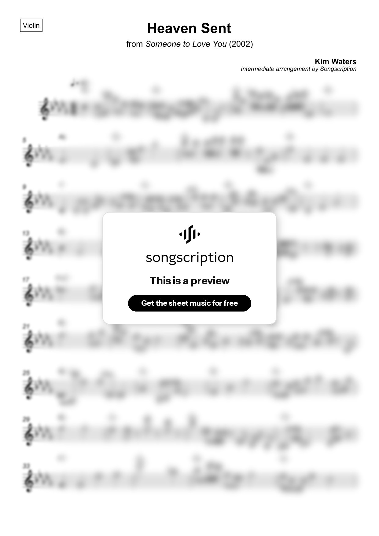 Intermediate Violin Sheet Music for "Heaven Sent" by Kim Waters