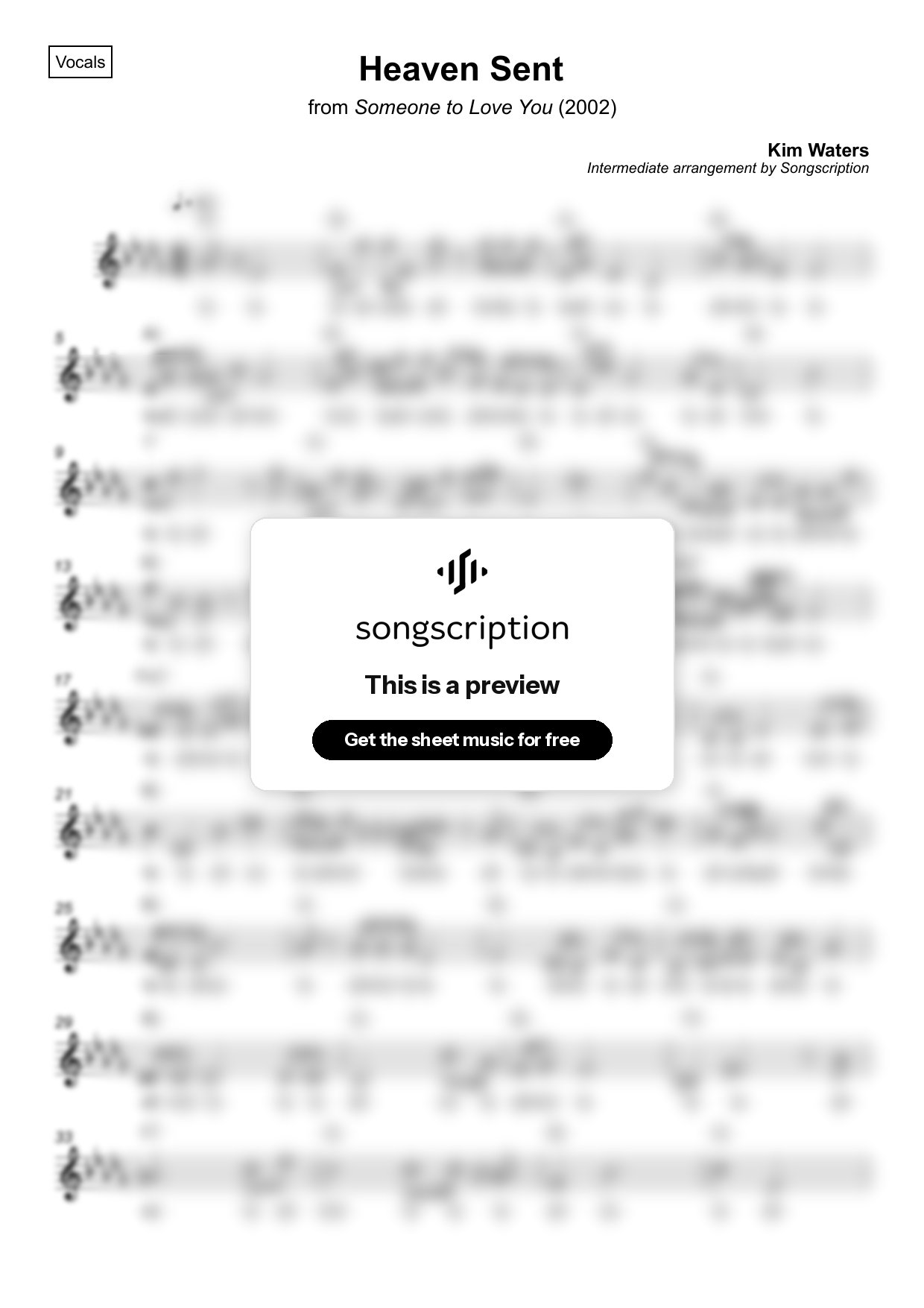Intermediate Vocals Sheet Music for "Heaven Sent" by Kim Waters