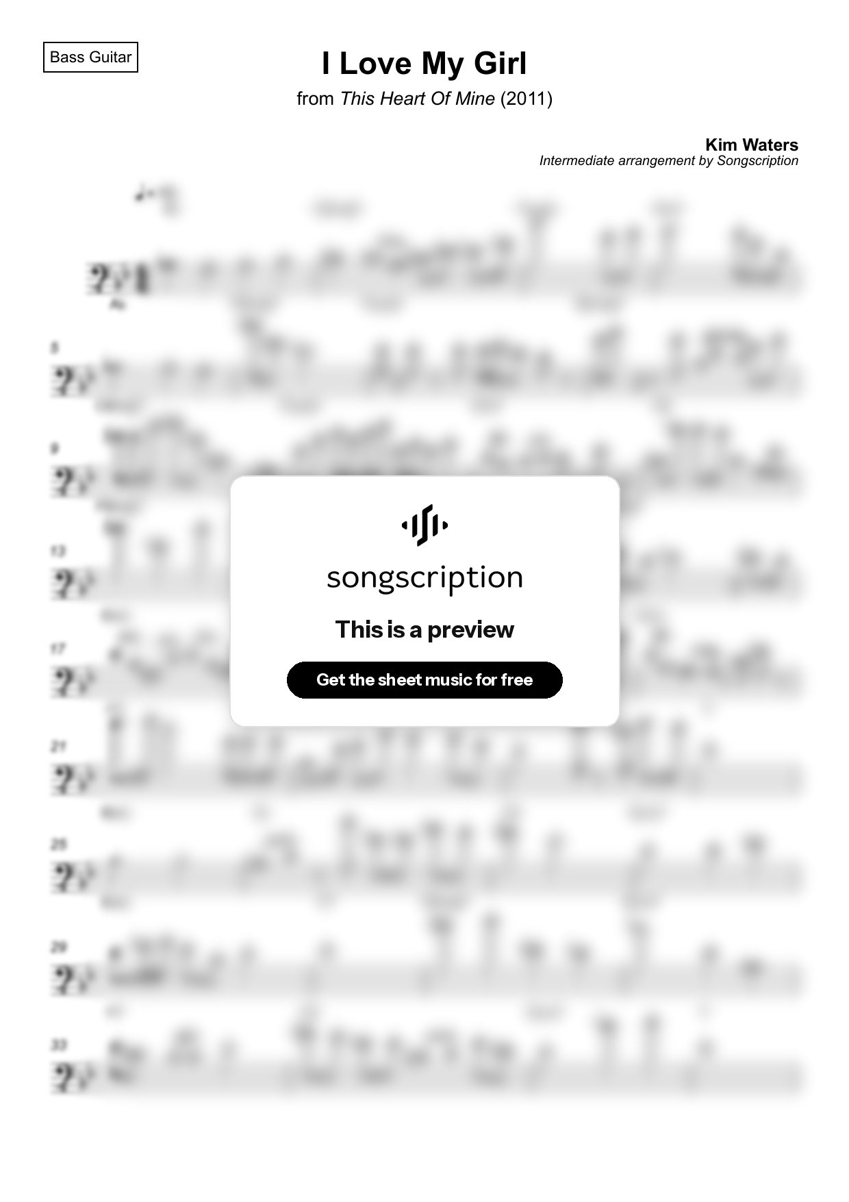 Intermediate Bass Guitar Sheet Music for "I Love My Girl" by Kim Waters