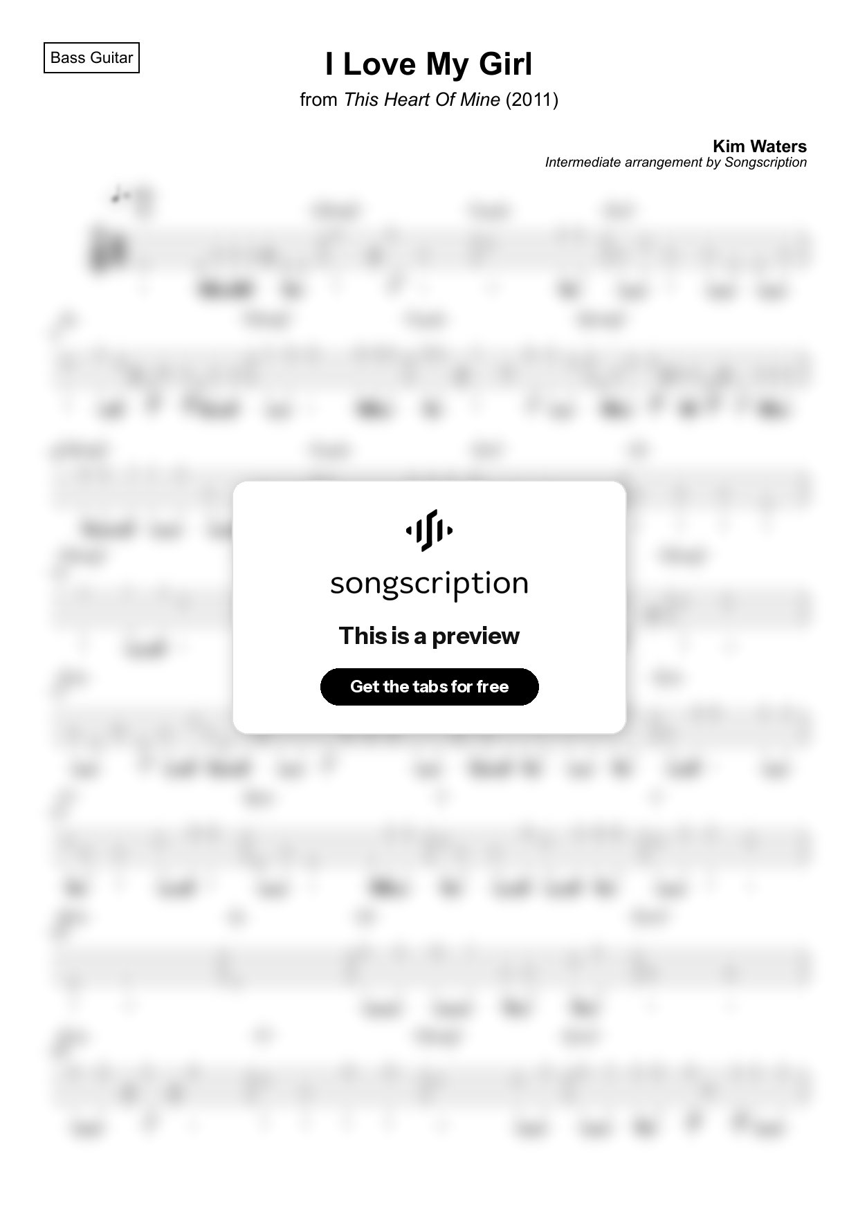 Intermediate Bass Guitar Tabs for "I Love My Girl" by Kim Waters