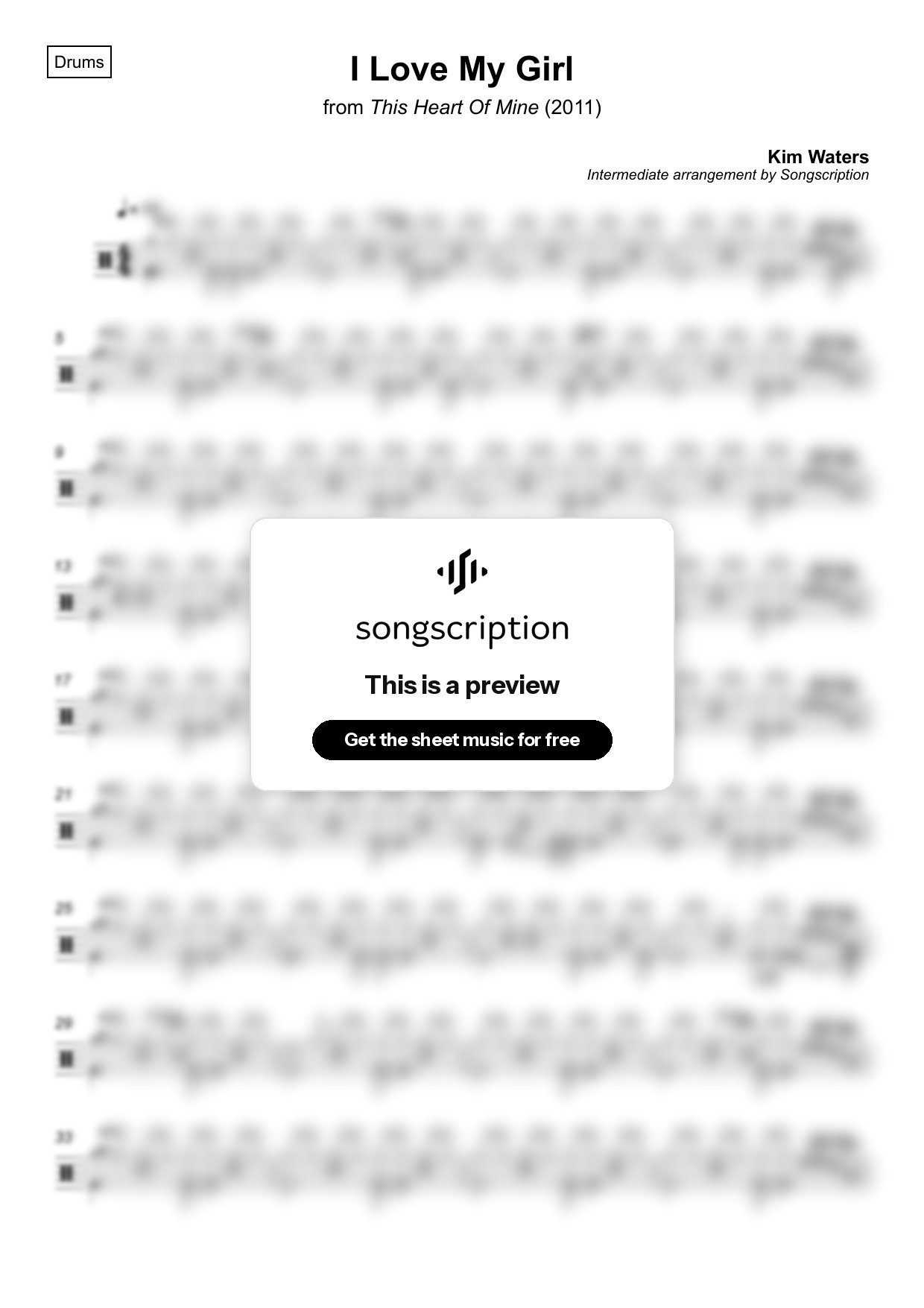 Intermediate Drums Sheet Music for "I Love My Girl" by Kim Waters